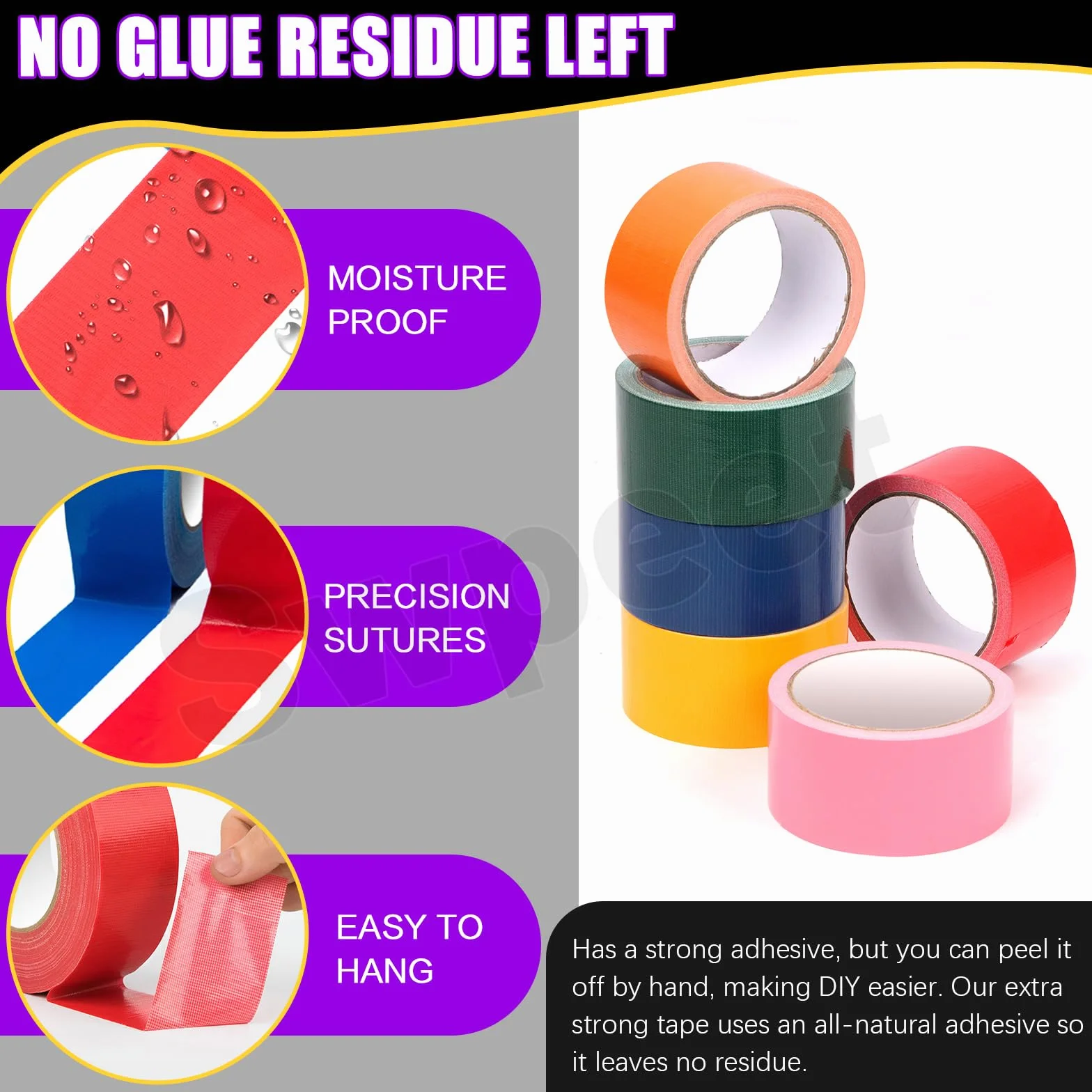 Swpeet 6 rolek w 6 kolorach, 2 cale x 11 jardów – zestaw wodoodpornych, kolorowych taśm typu duct tape w tęczowych barwach, mocnych, bez pozostawiania śladów, łatwych do ręcznego rozerwania – idealnyc