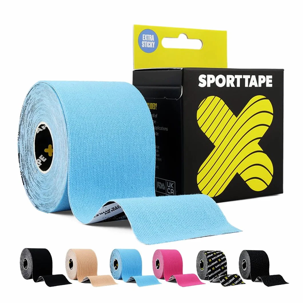 SPORTTAPE Bardzo klejąca taśma kinezjologiczna, 5 cm x 5 m – niebieska, hipoalergiczna, wodoodporna taśma sportowa, fizjoterapeutyczna taśma sportowa w przypadku urazów mięśni, wsparcie | niecięta