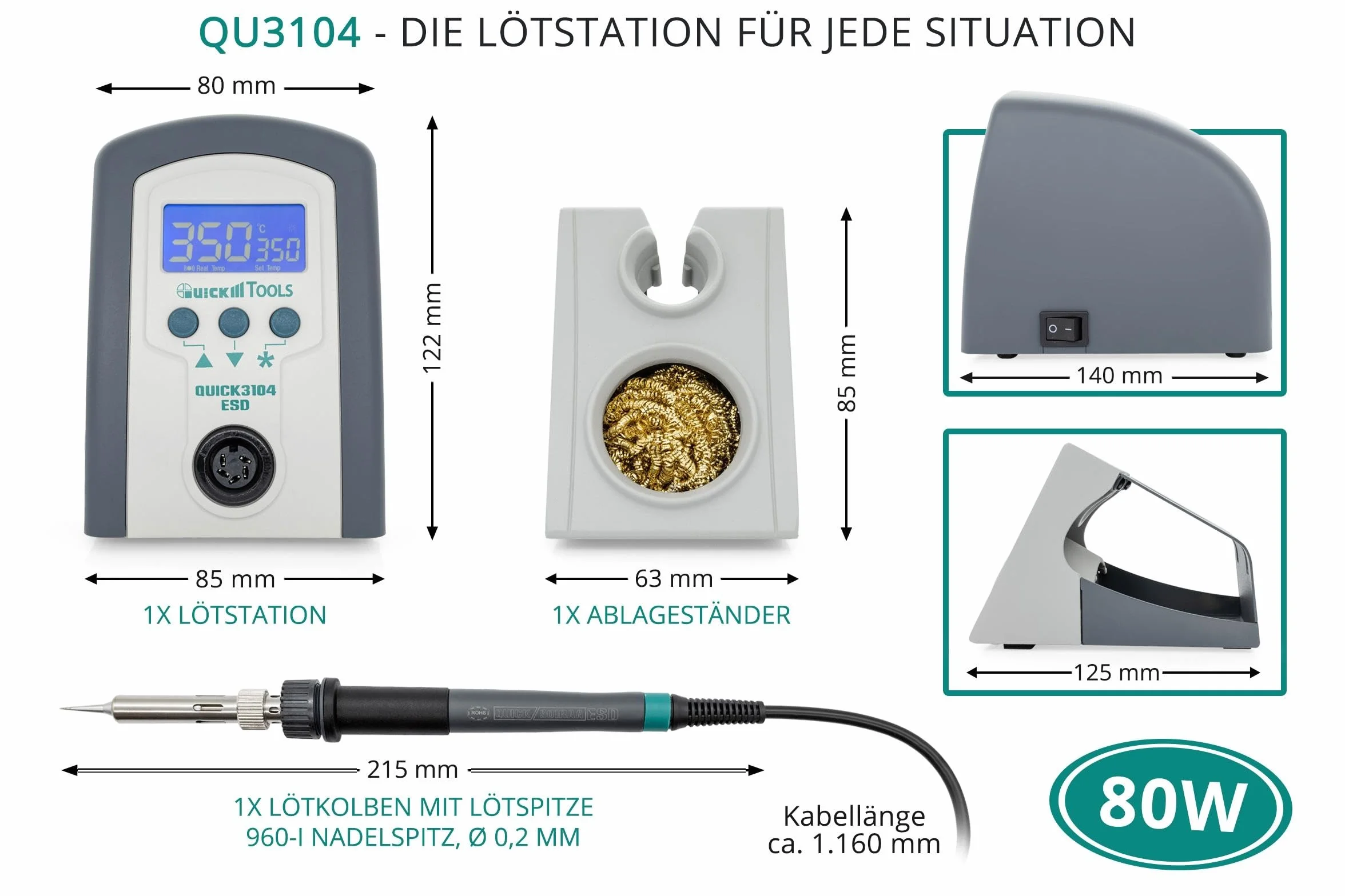 QUICK 3104 cyfrowa stacja lutownicza ESD 80 W z lutownicą z końcówką lutowniczą 2 mm i akcesoriami – kalibracja 100° – 450°C – ochrona ESD
