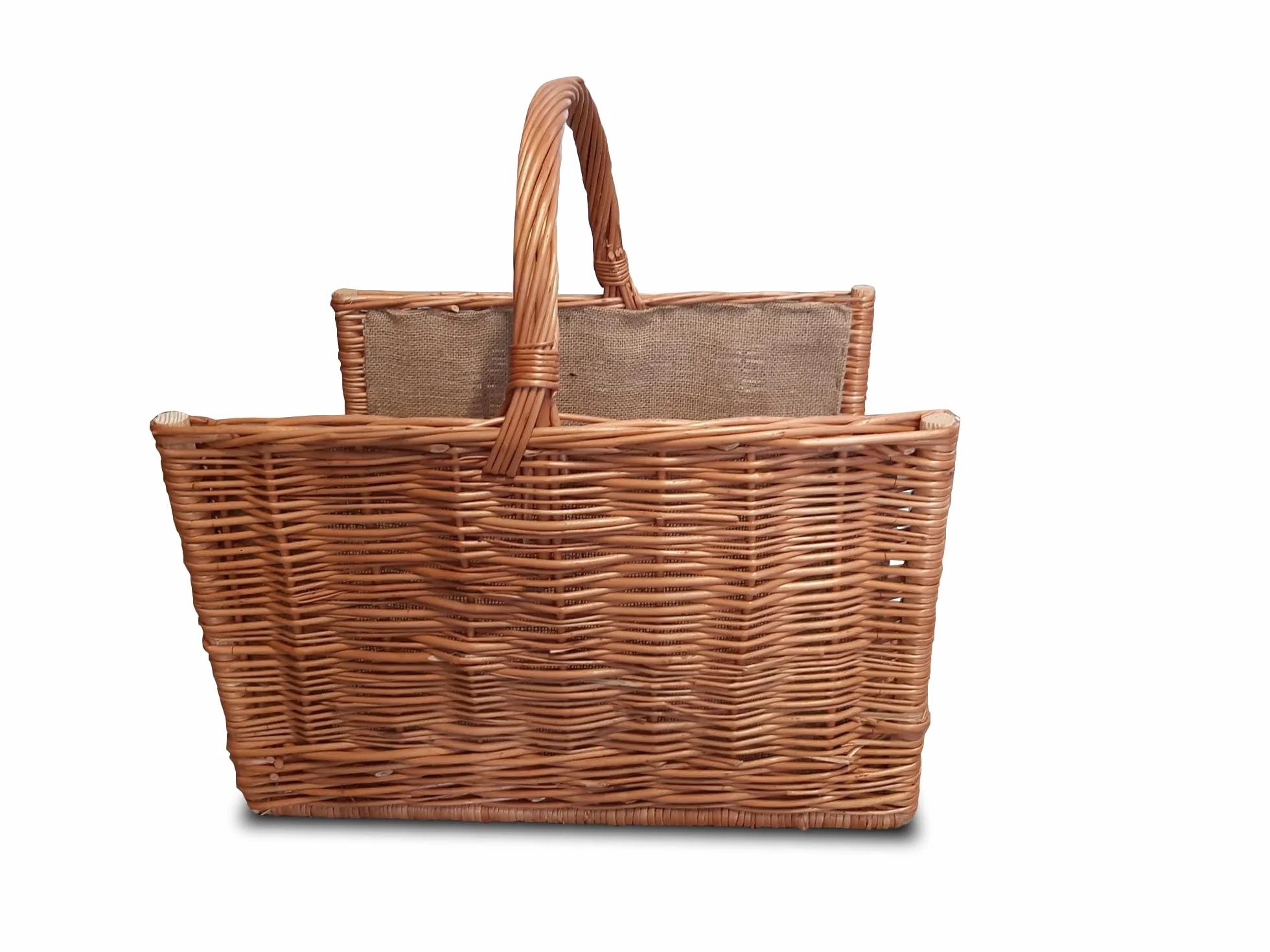 Duży Wypleciony Kosz na Drewno Opałowe do Kominka 47 x 30 cm Wiklinowy Kosz z Solidnym Uchwytem i Jutową Tkaniną