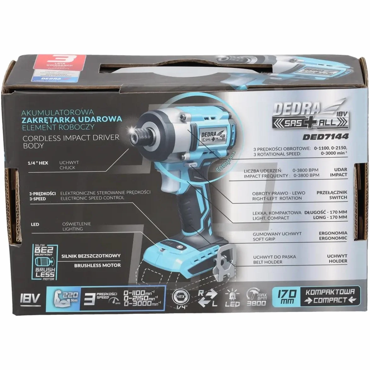 Dedra DED7144 – zakrętarka bezszczotkowa kompaktowa 18 V, moment obrotowy 220 Nm, 3 prędkości obrotowe, uchwyt 1/4" HEX, LED, ergonomiczna rękojeść