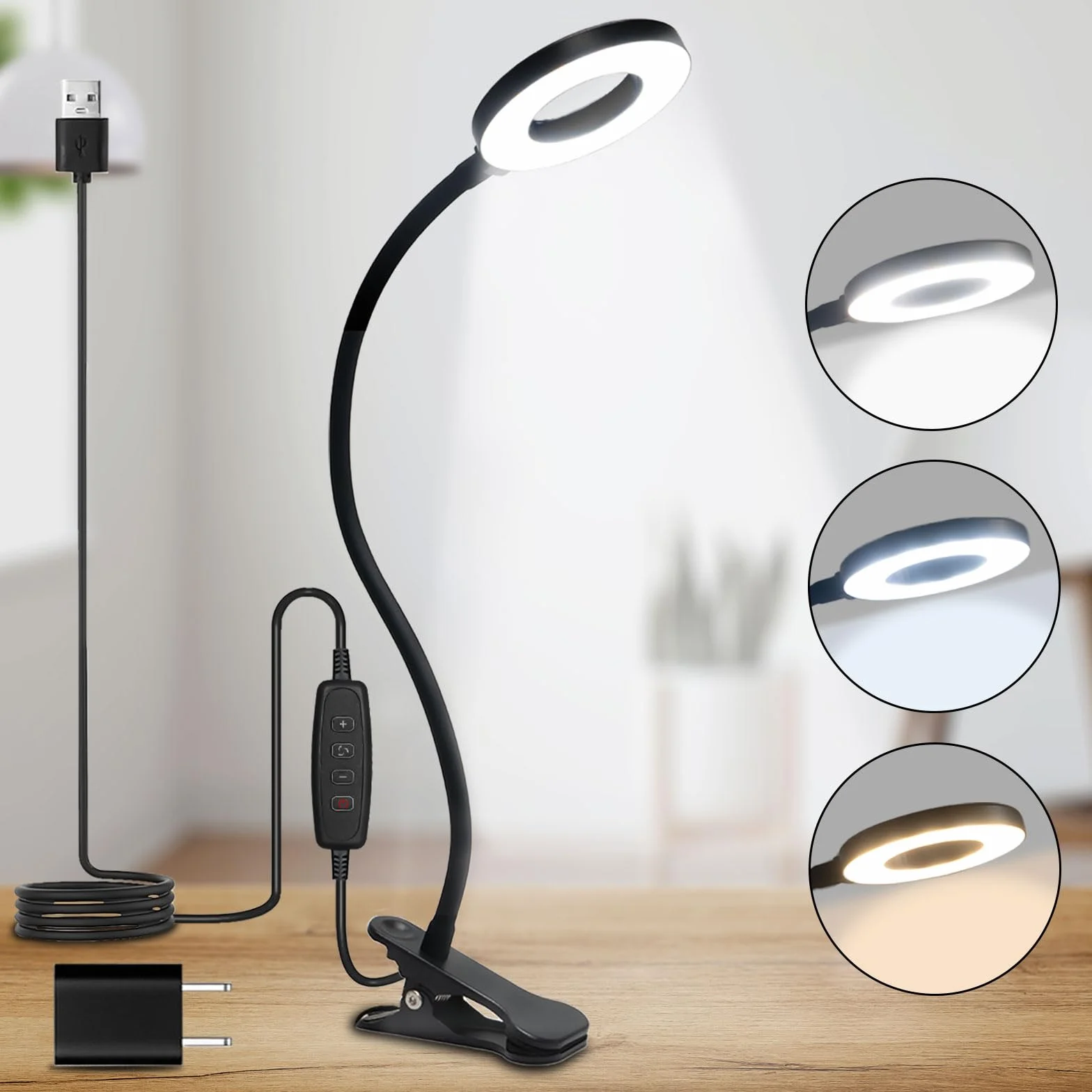LQWELL® Lampa Biurkowa LED Z Klipsem, Pierścieniowa Lampka Do Czytania Do Domowego Biura, 3 Temperatury Barwowe, 10 PoziomÓW Jasności I Płynne Przyciemnianie, Elastyczność 360° (Długość Szyi 40 CM)