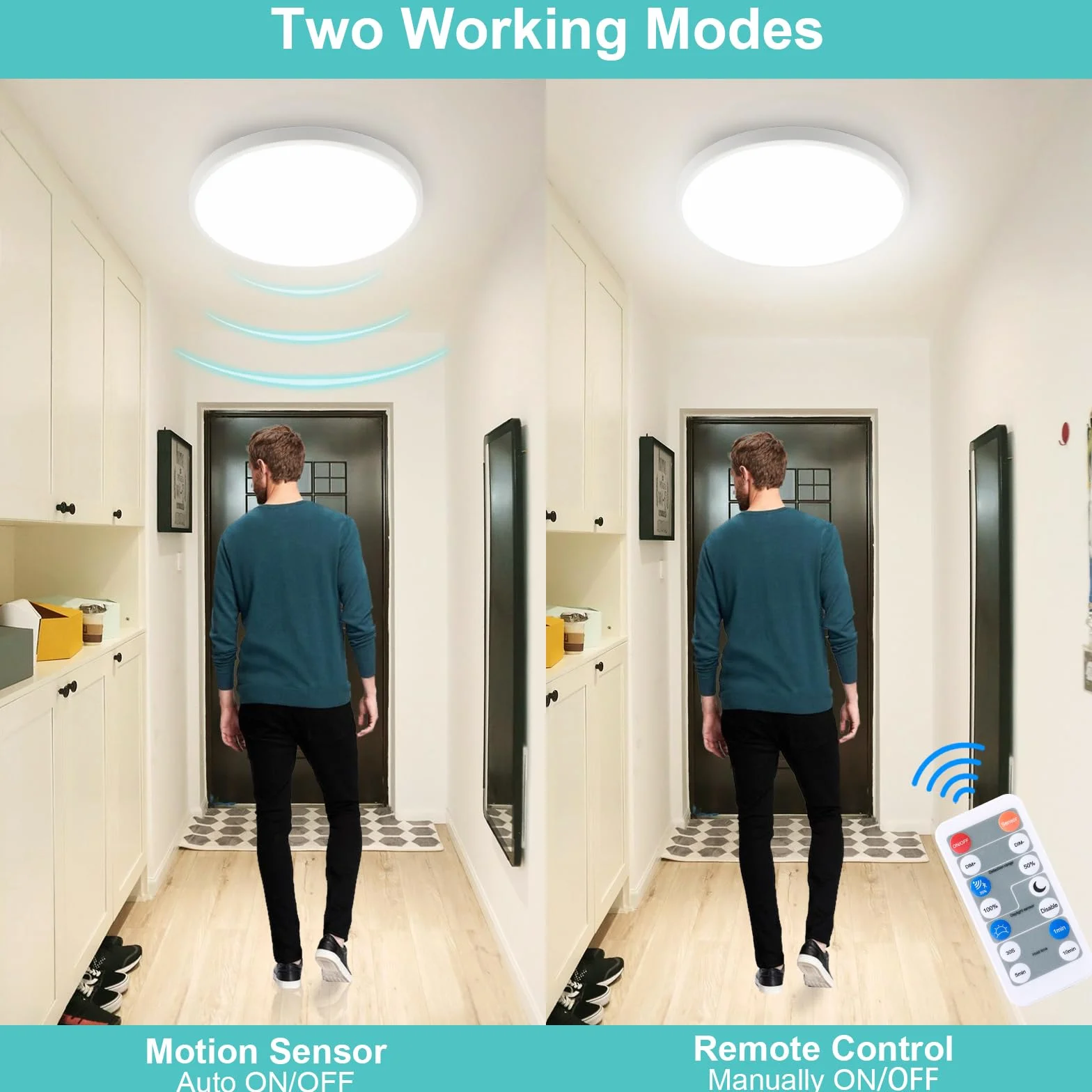 Oraymin Lampa sufitowa LED z czujnikiem ruchu, 18 W, 1800 lm, lampa sufitowa LED z pilotem zdalnego sterowania, IP54, 4000 K, lampa z czujnikiem ruchu, do wewnątrz, na schody, do korytarza, piwnicy
