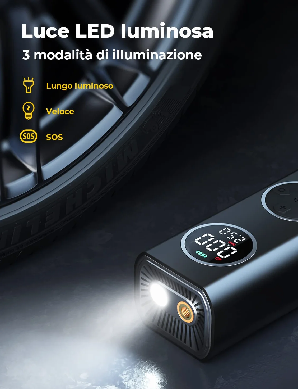 Oasser Przenośny Kompresor Powietrza 6000mAh 150PSI - Elektryczna Pompa do Opon z Dwukolorowym Wyświetlaczem LCD, Automatycznym Wyłączaniem i 4 Końcówkami - Do Samochodów, Motocykli, Rowerów i Piłek