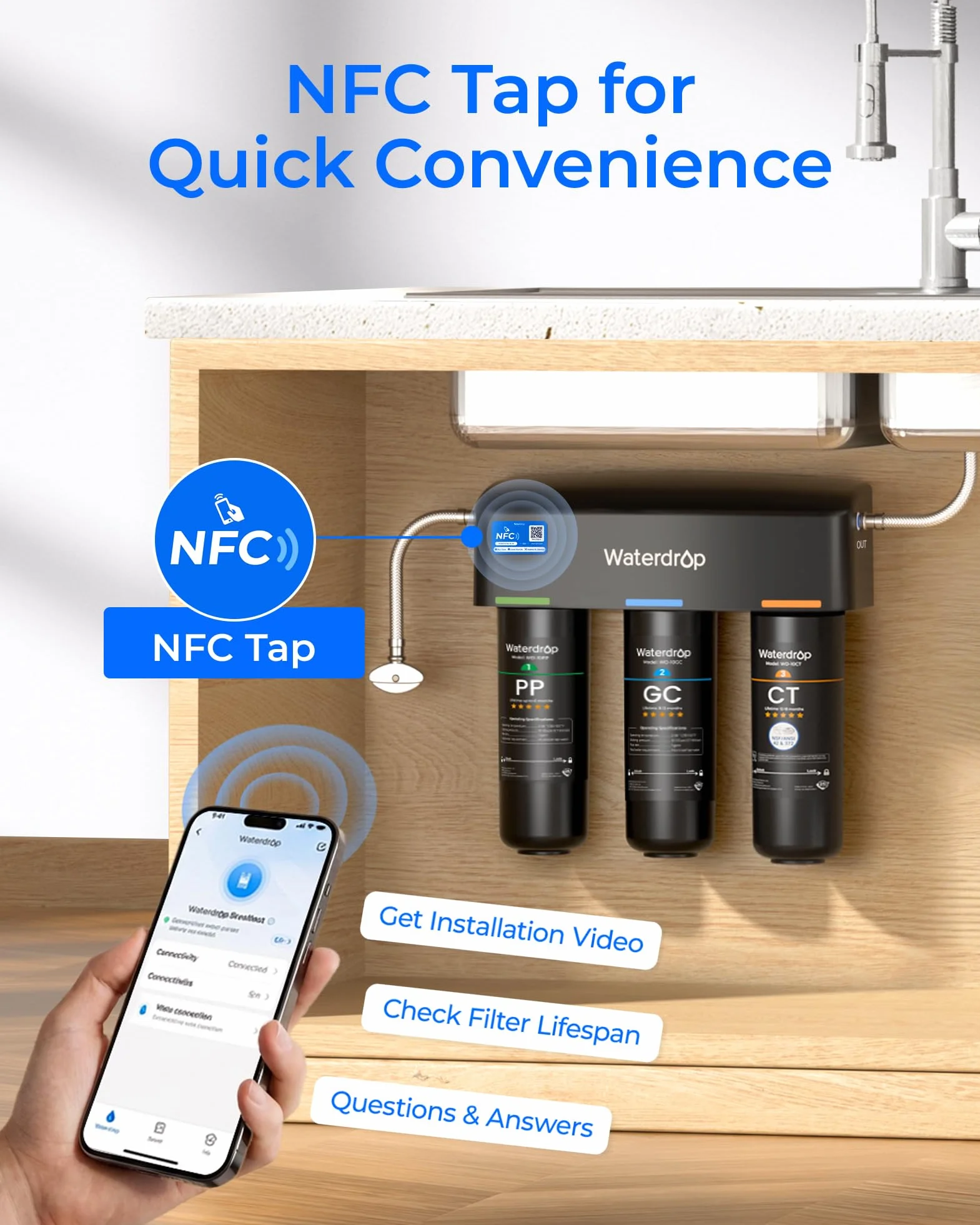 Waterdrop TSA system filtrowania wody pod zlewem, 3-stopniowy system filtracji wody o dużej pojemności, certyfikat NSF/ANSI 42, redukcja PFAS, PFOA/PFOS, redukcja ołowiu, chloru, złego smaku