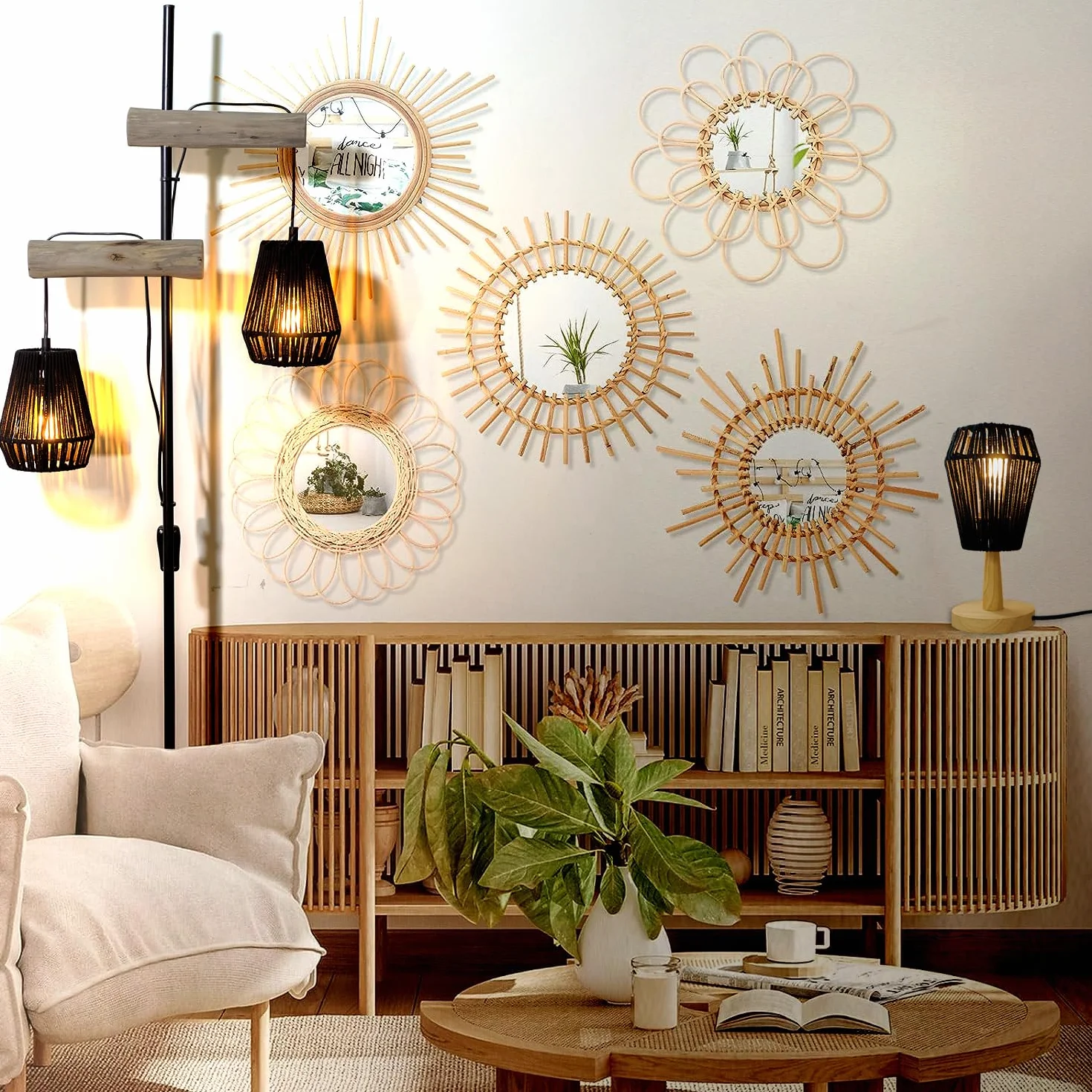 Vintage Lampa podłogowa z wiklinowym abażurem i drewnianą podłogą, idealna do salonu, 169 cm