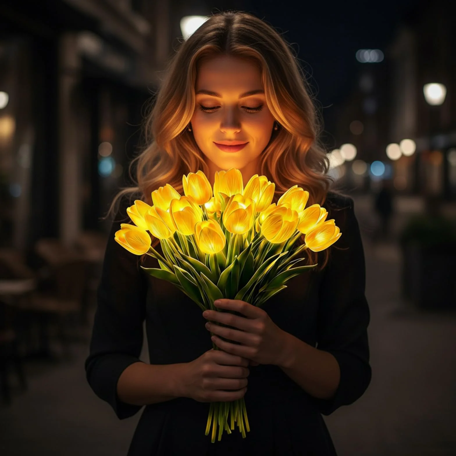 15 szt. promiennych romantycznych tulipanowych lampek LED, regulowane tulipanowe światło nocne, ciepłe światło, świecący bukiet, ozdoba, prezent na rocznicę/ślub/urodziny (żółty)
