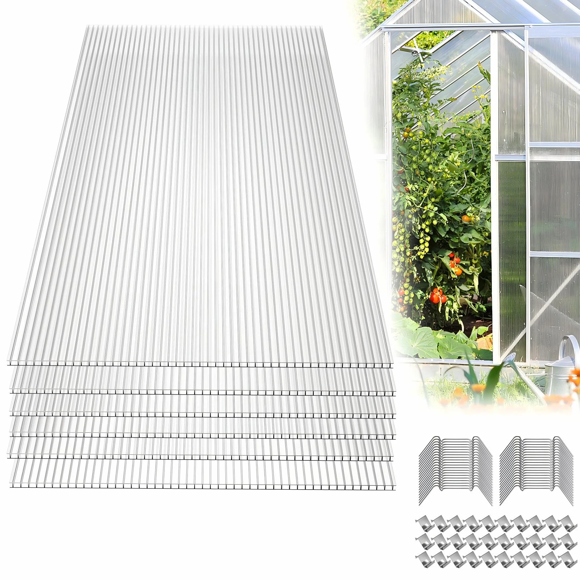 YRHome 28 płyt komorowych z poliwęglanu, podwójna płyta komorowa, 605 x 1210 x 4 mm, powierzchnia całkowita 20,5 m², płyta komorowa, płyta szklarniowa, w zestawie 100 zszywek i 100 klipsów Z