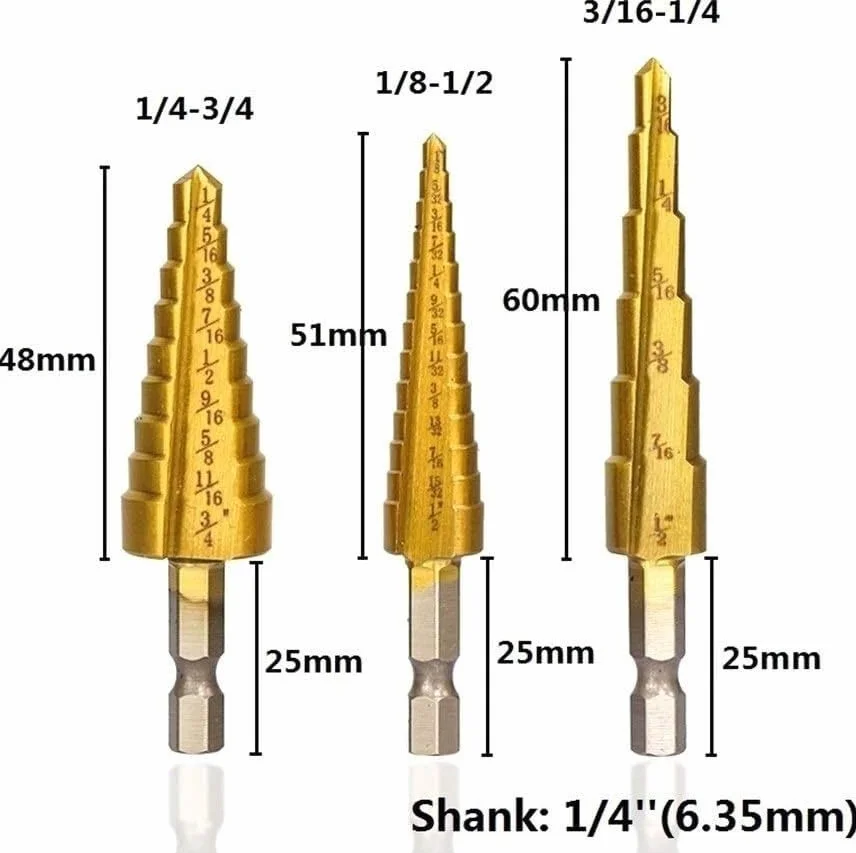 Zestaw wierteł stopniowych z rowkiem spiralnym, Wiertło stopniowe 1/8"-3/4" cala, stożkowe wiertło HSS pokryte tytanem, do wiercenia otworów w drewnie/metalu, wiertło stopniowe(No.4 1i4 3i4)