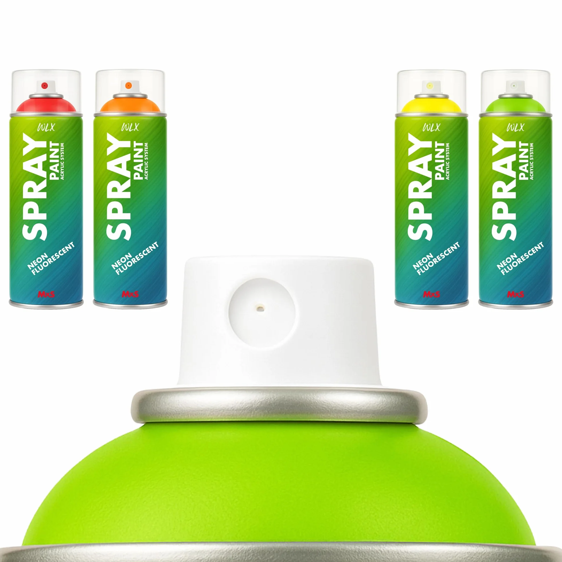 WLX Zestaw farb neonowych w sprayu, 4 kolory po 400 ml, wysoce widoczne, szybkoschnące farby fluorescencyjne do drewna, metalu, kamienia i szkła