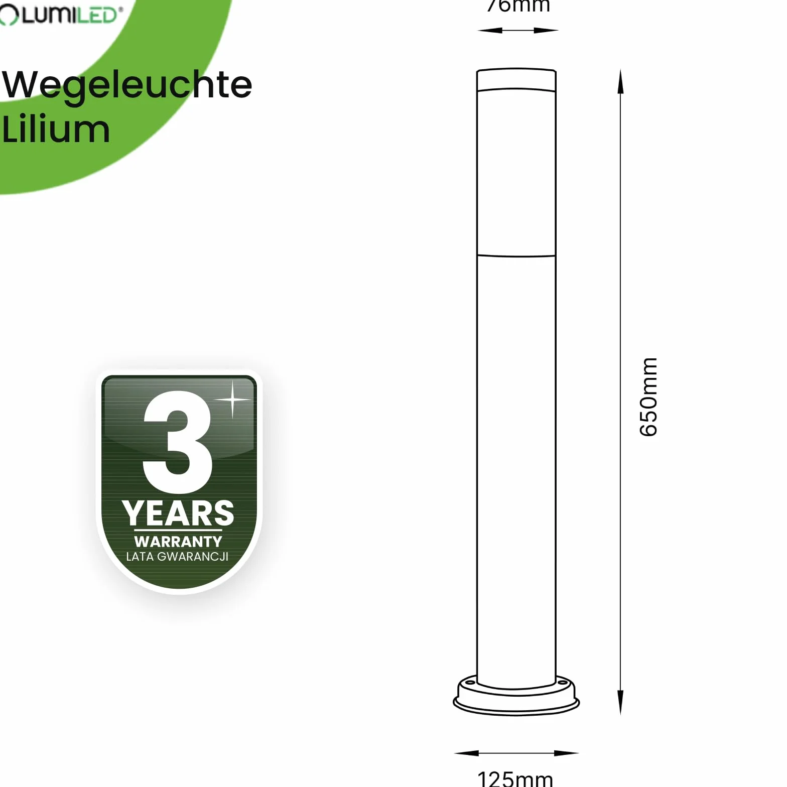 Lumiled Lampa zewnętrzna na ścieżkę, lampa cokołowa, zewnętrzna, lampa stojąca, lampa ogrodowa, lampa stojąca, 65 cm, IP44, czarna, stal nierdzewna, E27, oprawa, lampa słupkowa