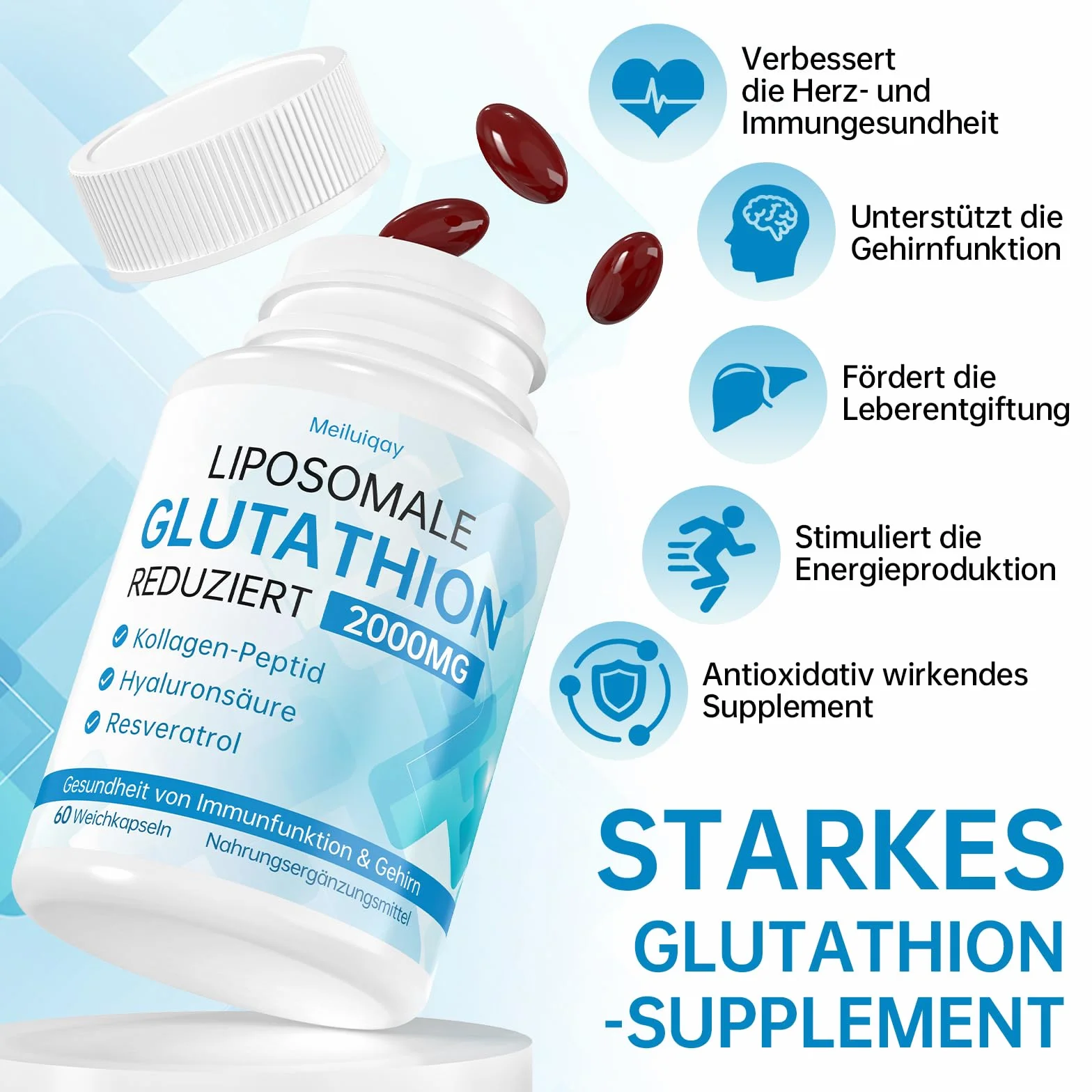 Liposomales Glutathion 2000 mg mit Hyaluronsäure, Kollagenpeptid & Resveratrol, 60 Stück
