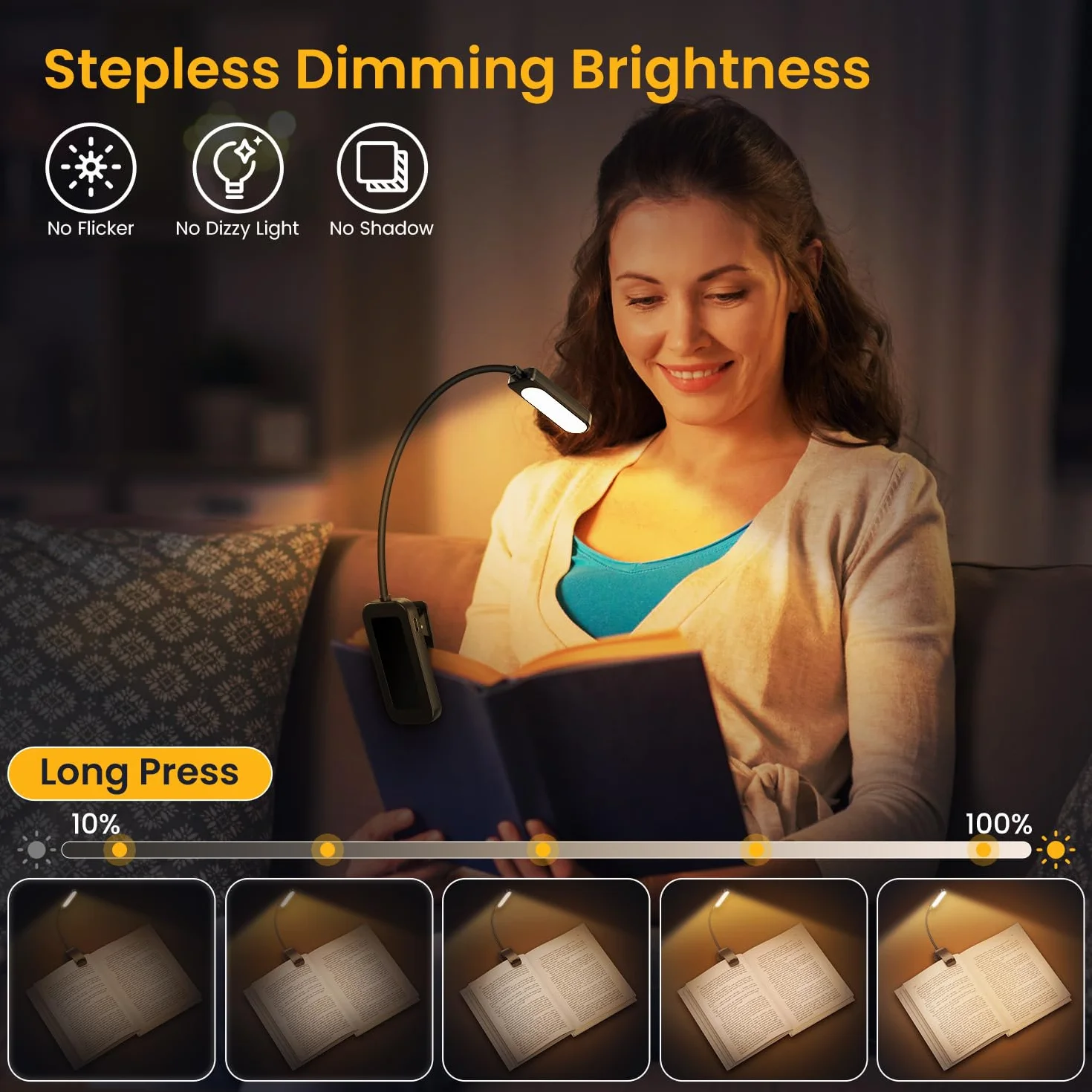 GARITE Lampka LED do Czytania z Klipsem - 10 Diod LED, Ściemniana, 3 Tryby Jasności (Ciepła, Biała i Mieszana), Ładowalna