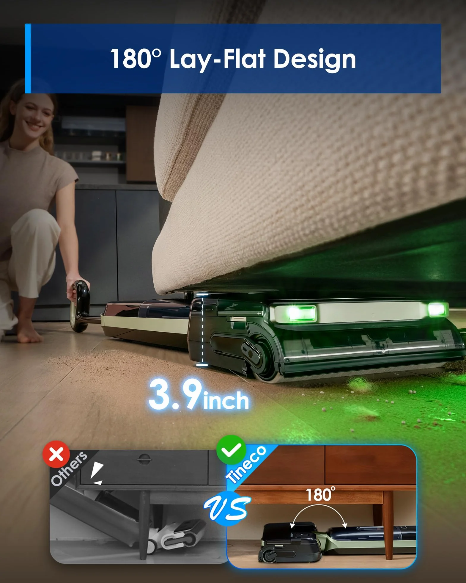 Tineco FLOOR ONE S7 Master Odkurzacz do odkurzania na mokro/sucho, skrobak StreakFree, 9,9 cm, siła ssania 23 kPa, System samoczyszczenia FlashDry, zielona lampka DustReveal 150°