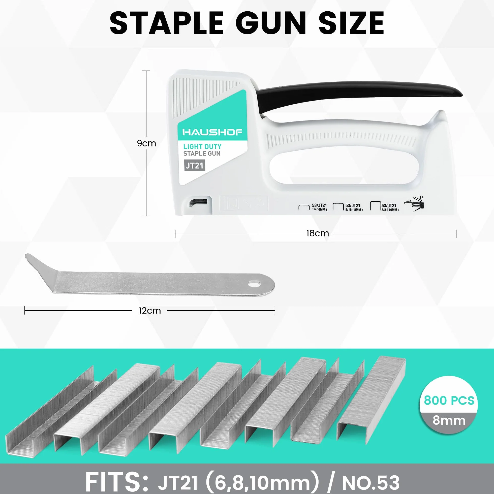 HAUSHOF Lekki zszywacz zawiera 800 szt. zszywek i zszywek, pistolet do zszywania, typ 53/JT21 (6-10 mm), idealny do tablic wystawowych, tapicerki, dekoracji, nauczycieli, biura