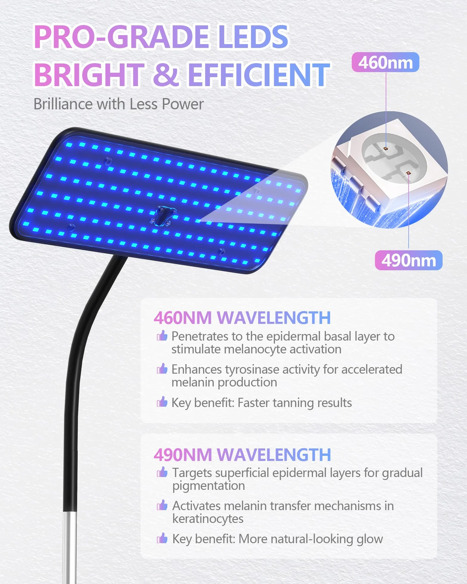 Solarium do domu, 50 W, lampa do opalania z opuszczanym cokołem, 225 szt., 460 NM + 490 NM, perły do terapii światłem niebieskim, do użytku domowego