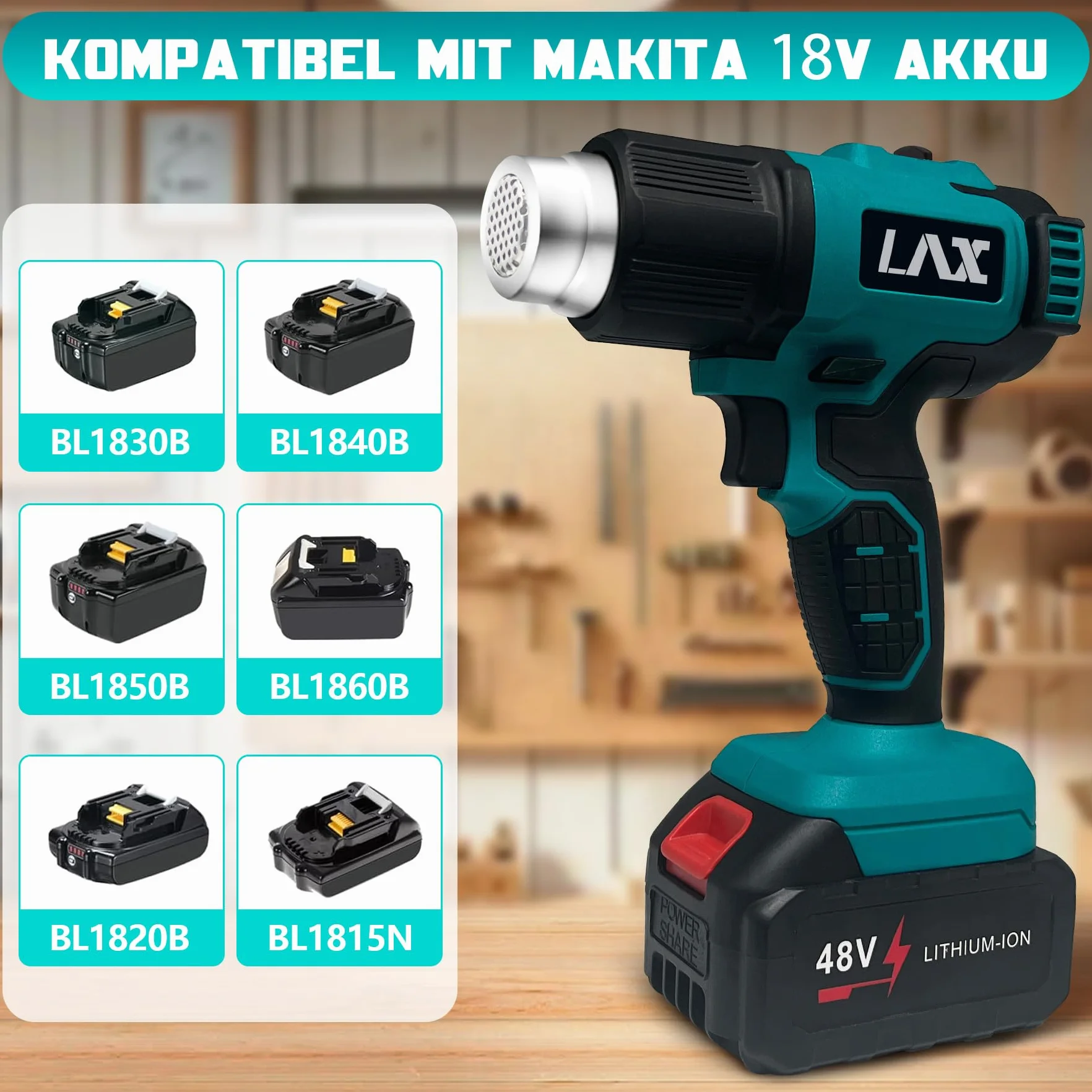 Bezprzewodowa opalarka do Makita 18V (BL1830/1840/1850/1860) - 300/550°C pistolet na gorące powietrze, 4 dysze i stojak, szybkie nagrzewanie, do usuwania farby, pakowania termokurczliwego