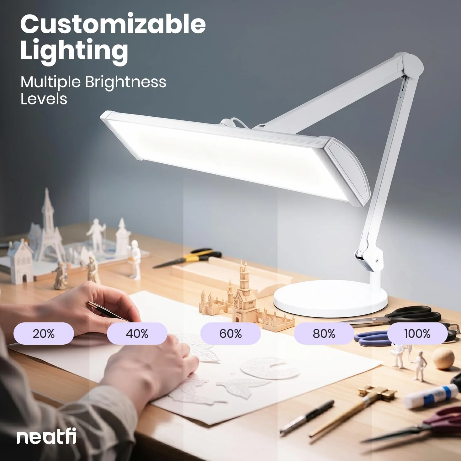 Neatfi Ultra Lampa Biurkowa – 3 500 Lumenów, 45W LED, Szeroki Klosz 66cm, 5 Poziomów Jasności, Światło Bez Cieni i Bez Migotania, Lampa do Czytania, Rękodzieła (Bez CCT z Podstawą, Biały)