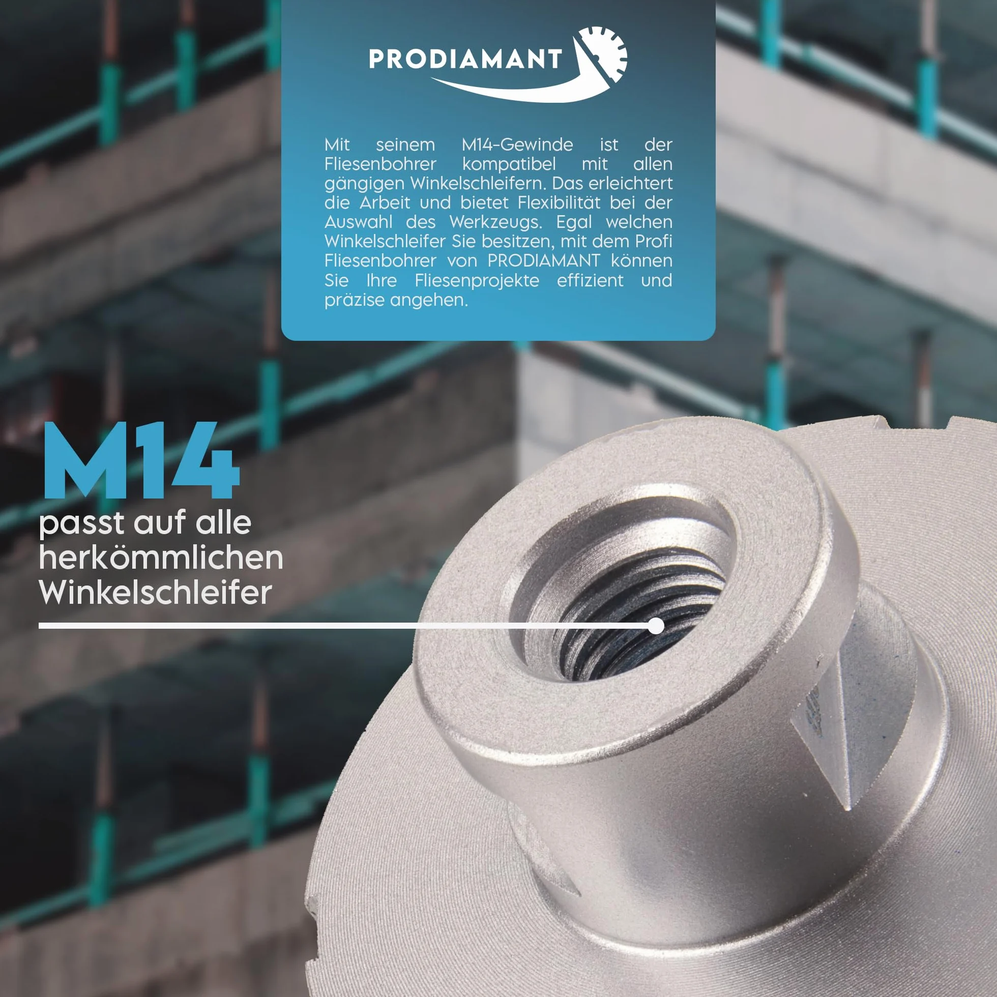 PRODIAMANT Matrix wiertło do płytek ø 42 mm PD-MATRIX diamentowa koronka wiertnicza do płytek, ceramiki, gresu i kamienia naturalnego z uchwytem M14 do szlifierek kątowych