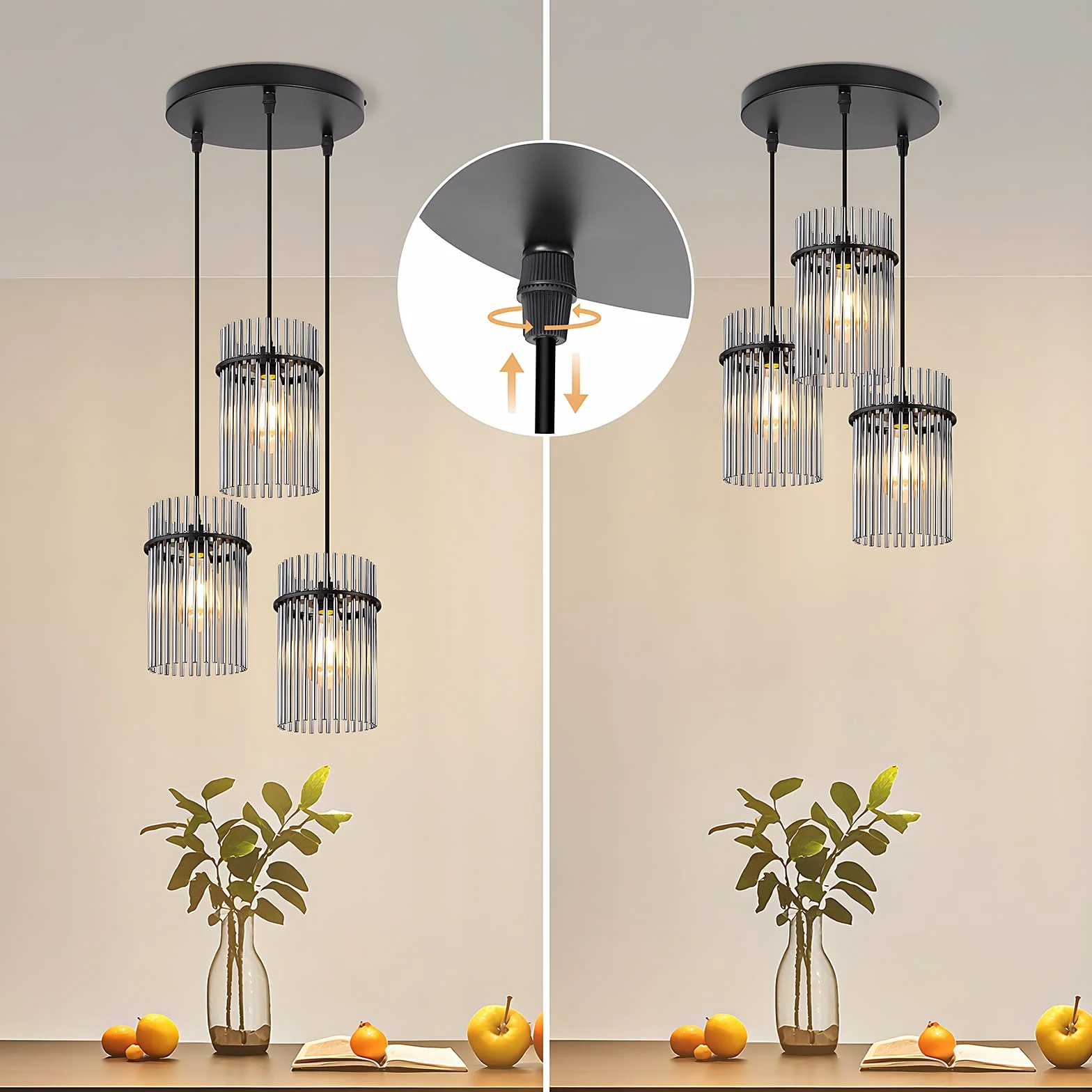 Lampa Wisząca Stół Jadalny Czarna szklany E27 nowoczesna Lampa | Kuchenna 3-punktowa z regulacją Ø 16 cm żyrandol do jadalni salon sypialnia baru i kuchni (bez żarówek)