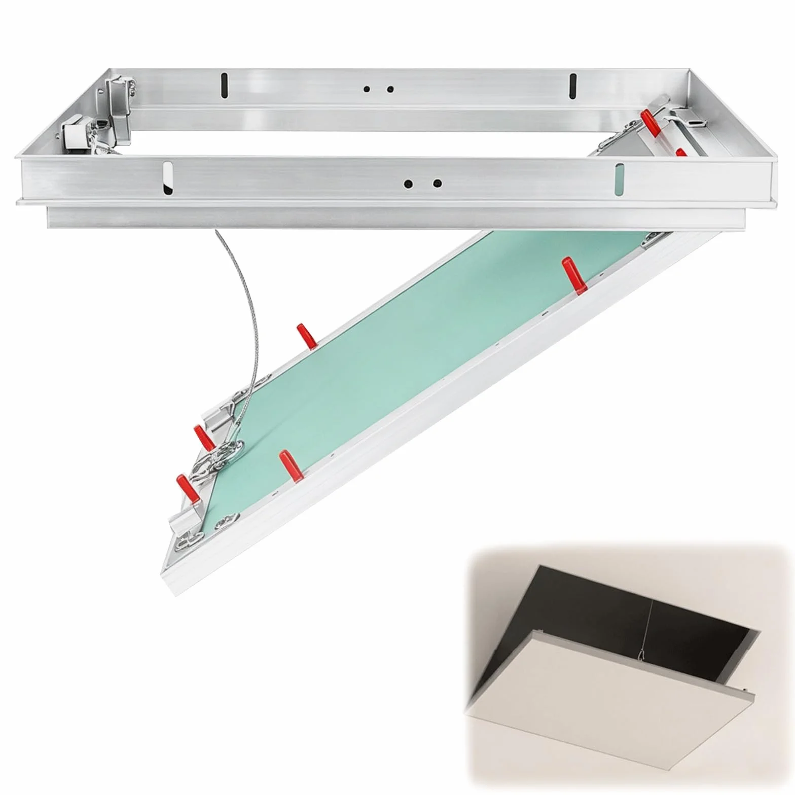Drzwiczki Rewizyjne do Płyt Gipsowo-kartonowych, Rama Aluminiowa | Panel Dostępu do Ściany z Płyt Gipsowo-kartonowych, z Linką Zabezpieczającą I Blokadą Push Lock, do Sufitów I Ścian(525x525)