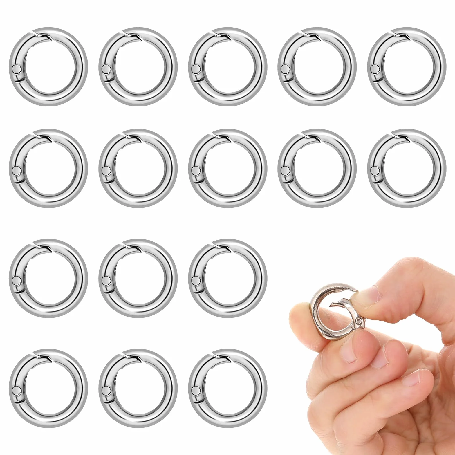 Bewudy 16 sztuk okrągłych karabińczyków 20 mm, metalowy karabińczyk sprężynowy, okrągłe pierścienie do breloczków do kluczy, rzemiosła, DIY, do zawieszek, akcesoriów do toreb (kolor srebrny)
