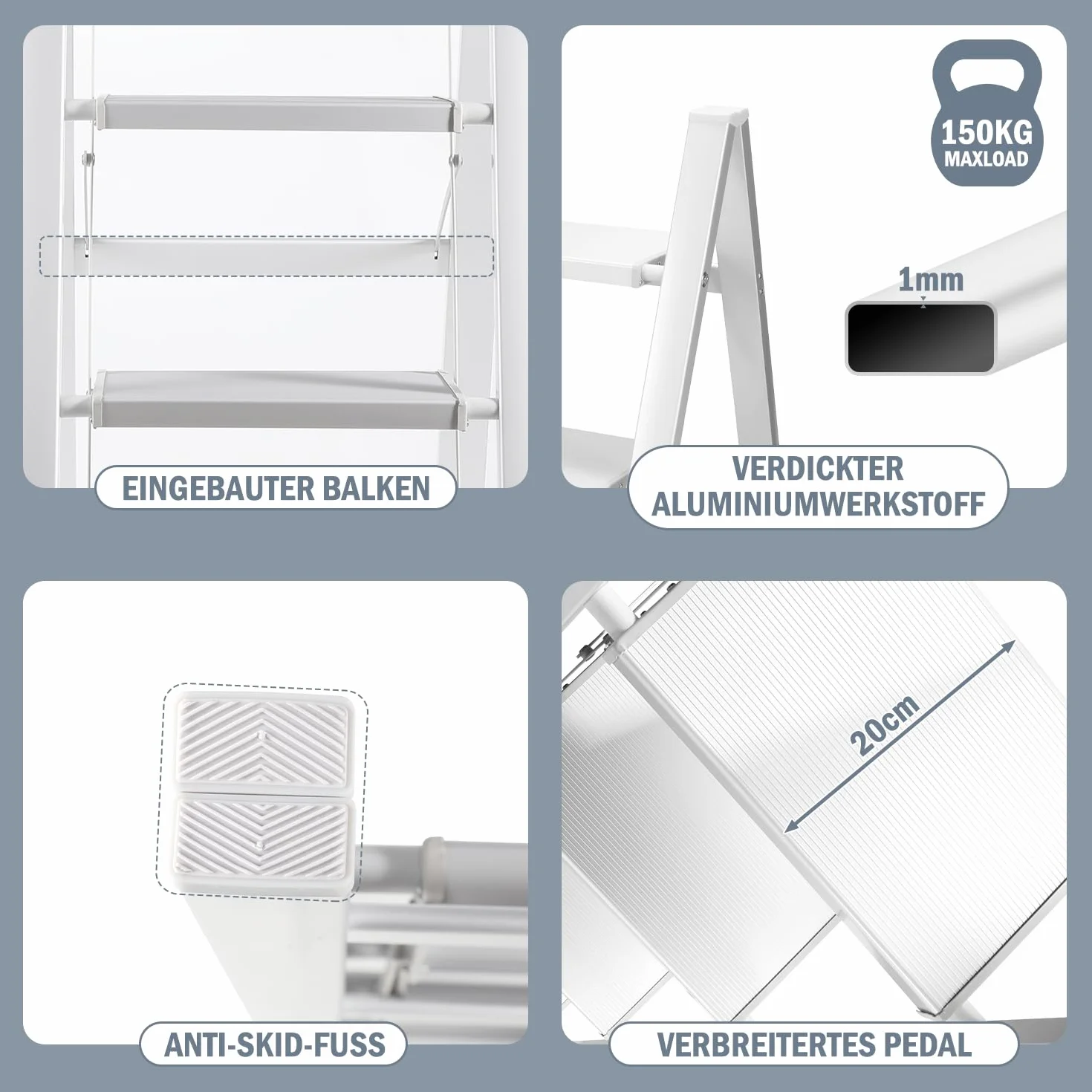 Eulenke Aluminiowa drabina składana, 4 stopnie, lekka, aluminiowa drabina schodowa, 4 stopnie, składana, antypoślizgowa drabina z zabezpieczeniem przed składaniem, składana drabina do domu, kuchni,