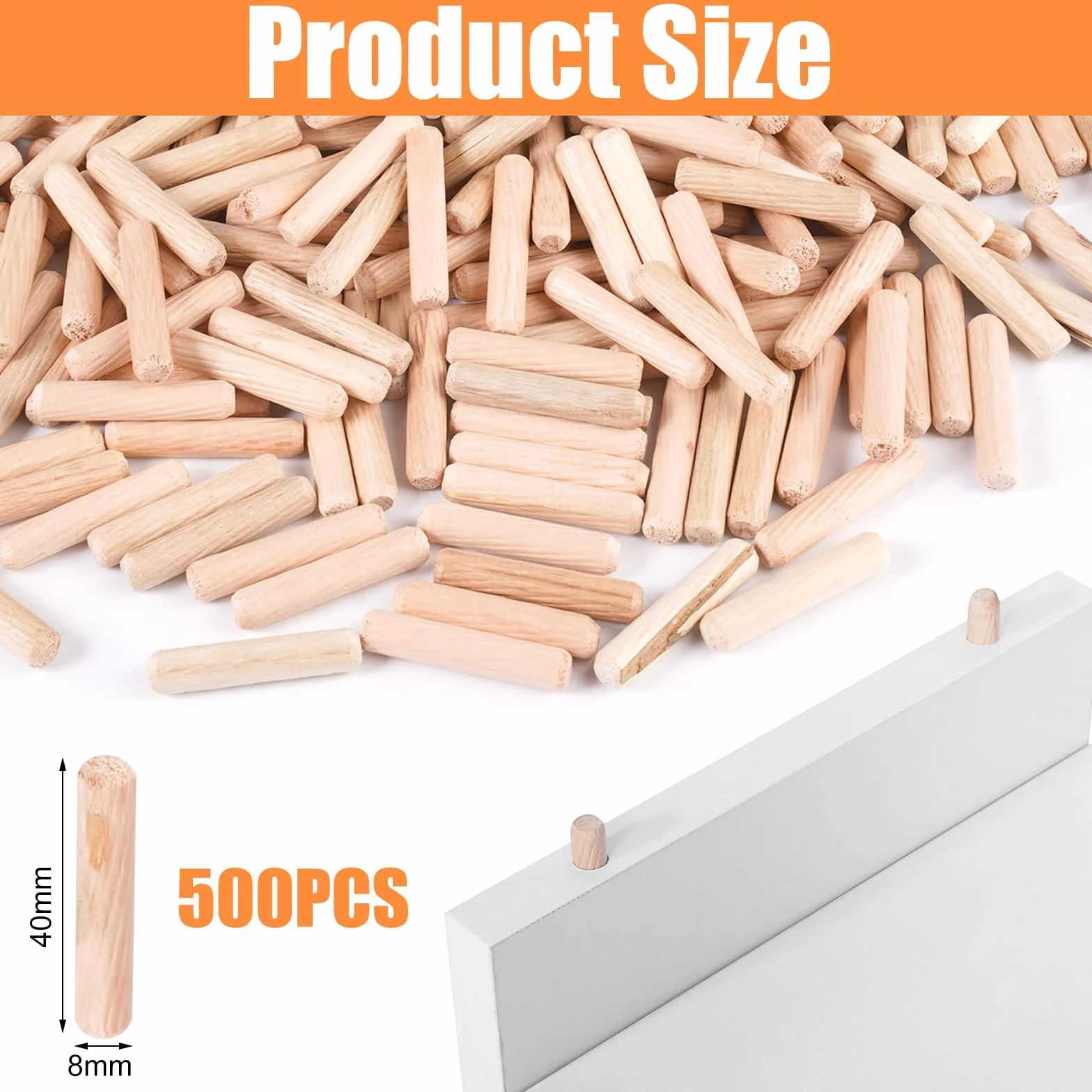 Zestaw 500 drewnianych kołków rozporowych, 8 x 40 mm, z rowkami, ścięte końce, kołki drewniane, suszone, twarde drewno, do mebli, profesjonalnych stolarzy, projektów rękodzielniczych