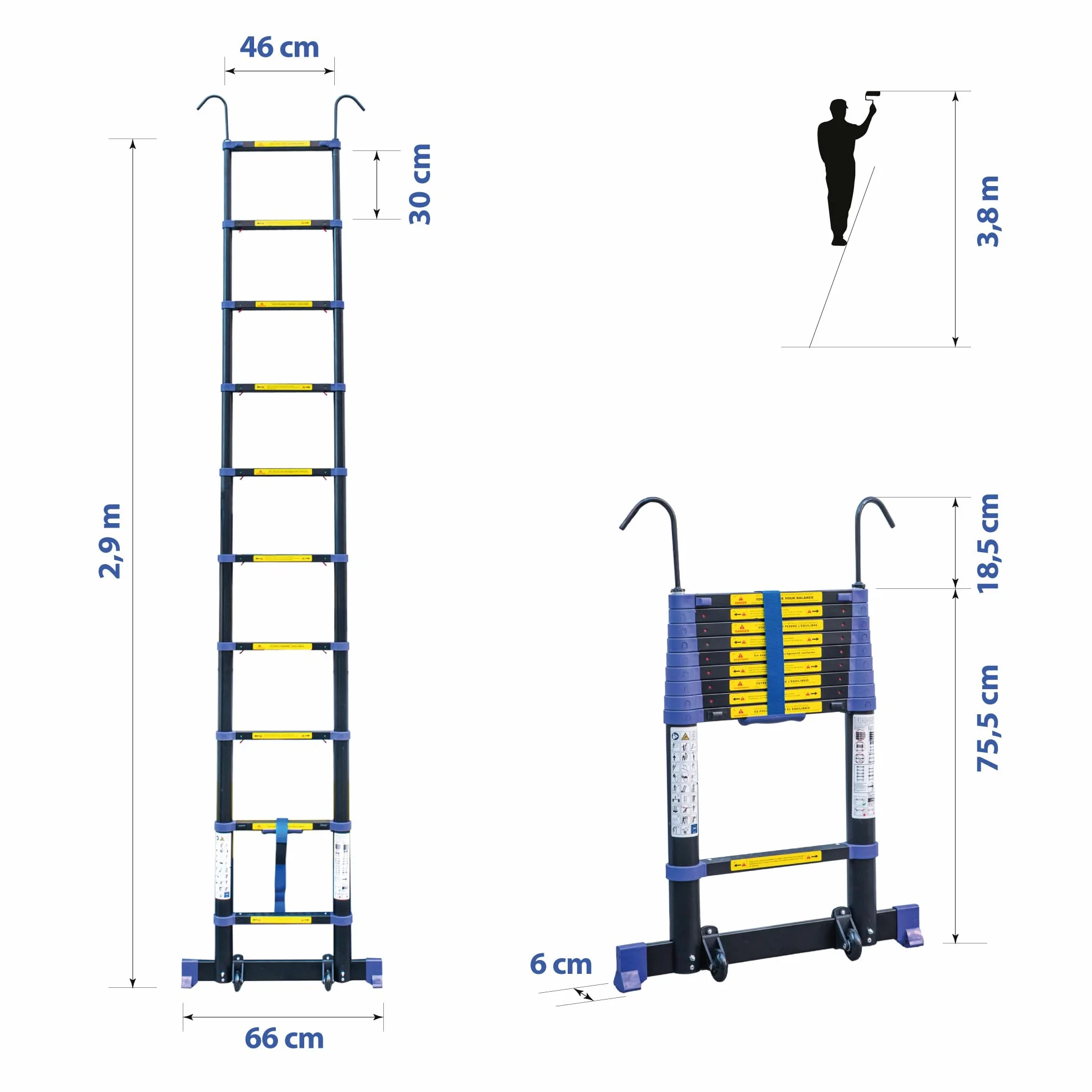 Drabina teleskopowa 3,2 m TELESCOVA10+, aluminium, składana, rozciągliwa, wielofunkcyjna, maksymalna wysokość robocza 4,1 m, zdejmowane haczyki, 5 lat