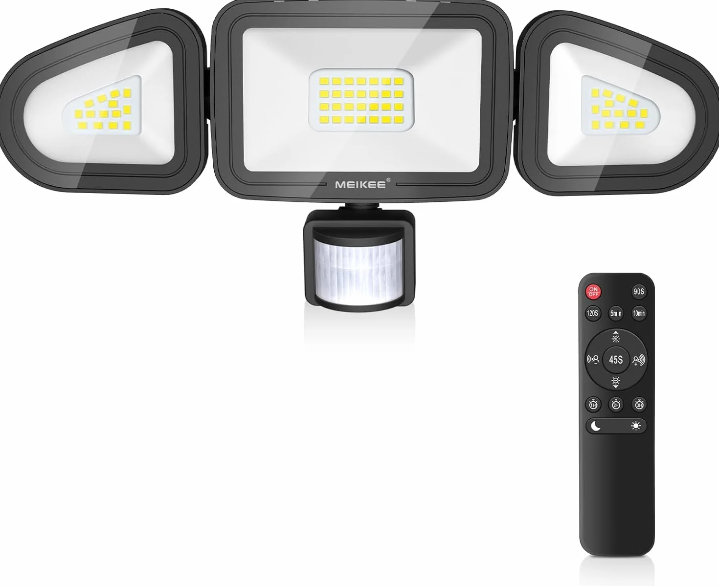 MEIKEE 42W Reflektor LED z czujnikiem ruchu, 400-3600LM, 6500K, 3 tryby, 10 poziomów jasności, wodoodporny IP66, oświetlenie punktowe led Z pilotem, trzygłowicowy, regulowany o kącie 180°