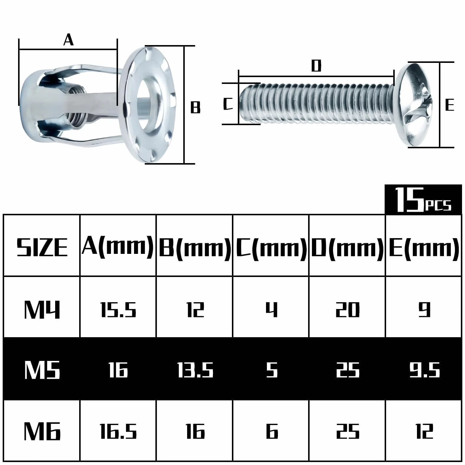 Mbsomnus Metalowa kotwa M5 x 25, 15 sztuk, do cienkich ścian, pustych drzwi, blacha żelazna, 15 sztuk