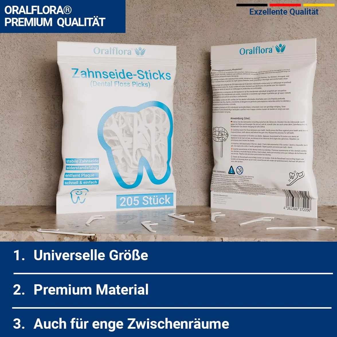 205 x patyczki z nicią dentystyczną – Dental Floss Picks – Oralflora – czyszczenie przestrzeni międzyzębowej do pielęgnacji zębów i zdrowych dziąseł i zębów trzonowych – 2 w 1 z wykałaczką na uchwycie