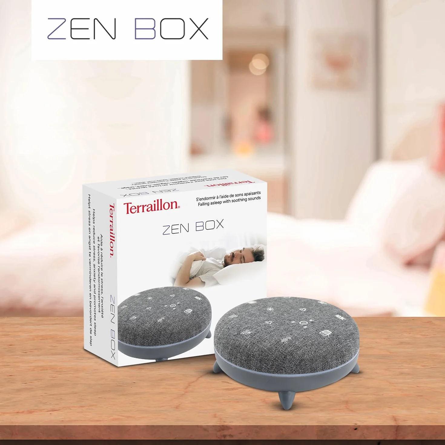 TERRAILLON ZEN BOX Biała Maszyna do Szumów z 7 Kojącymi Dźwiękami Bluetooth 8 Jasnych Nastrojów 30-60-90 min USB-C