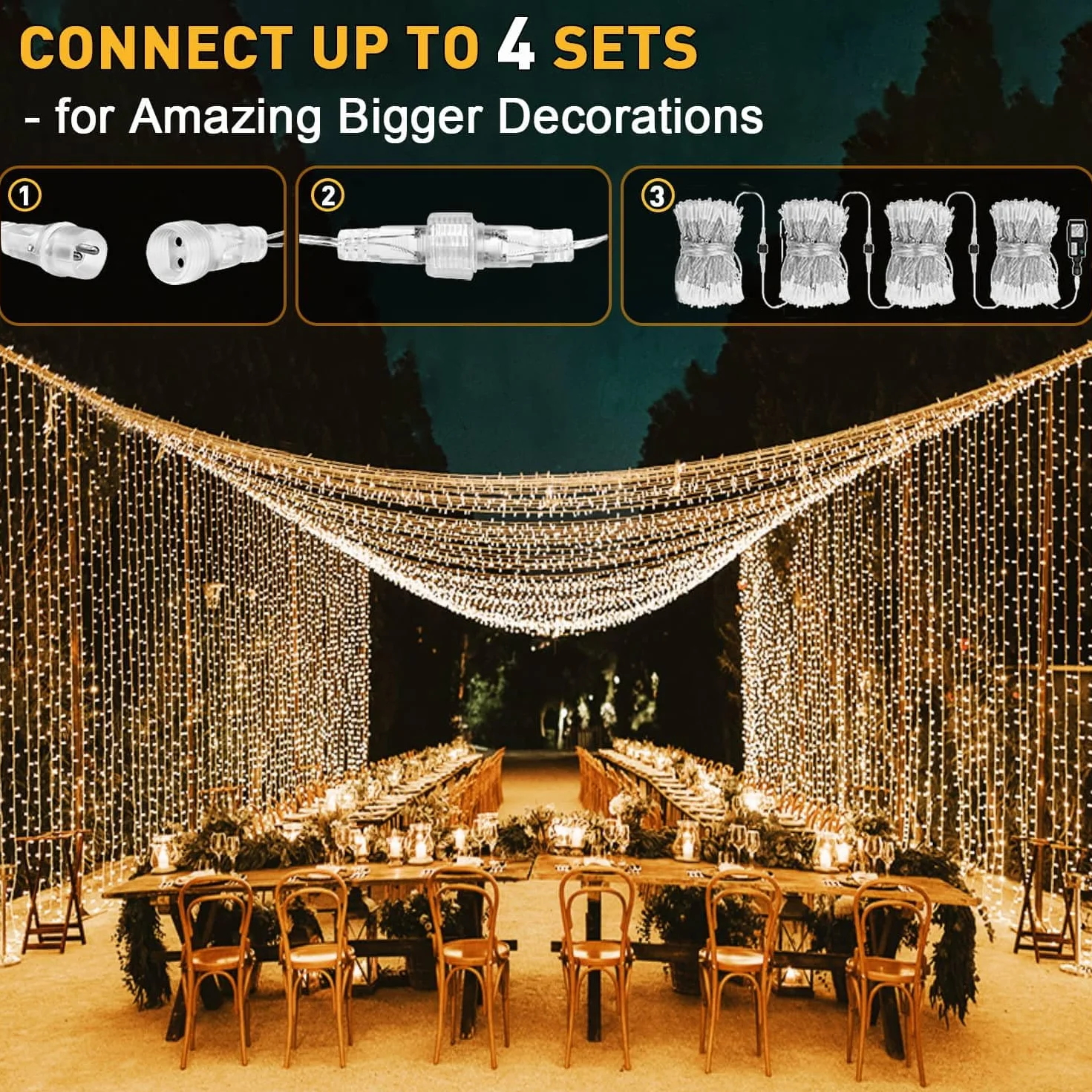 Joycome Kurtyna świetlna na zewnątrz, 3 m x 3 m, 300 diod LED, zasłona z wtyczką, 8 trybów, wodoszczelny, łańcuch świetlny, do pokoju, na balkon, imprezę, do namiotu, na wesele, do użytku na zewnątrz