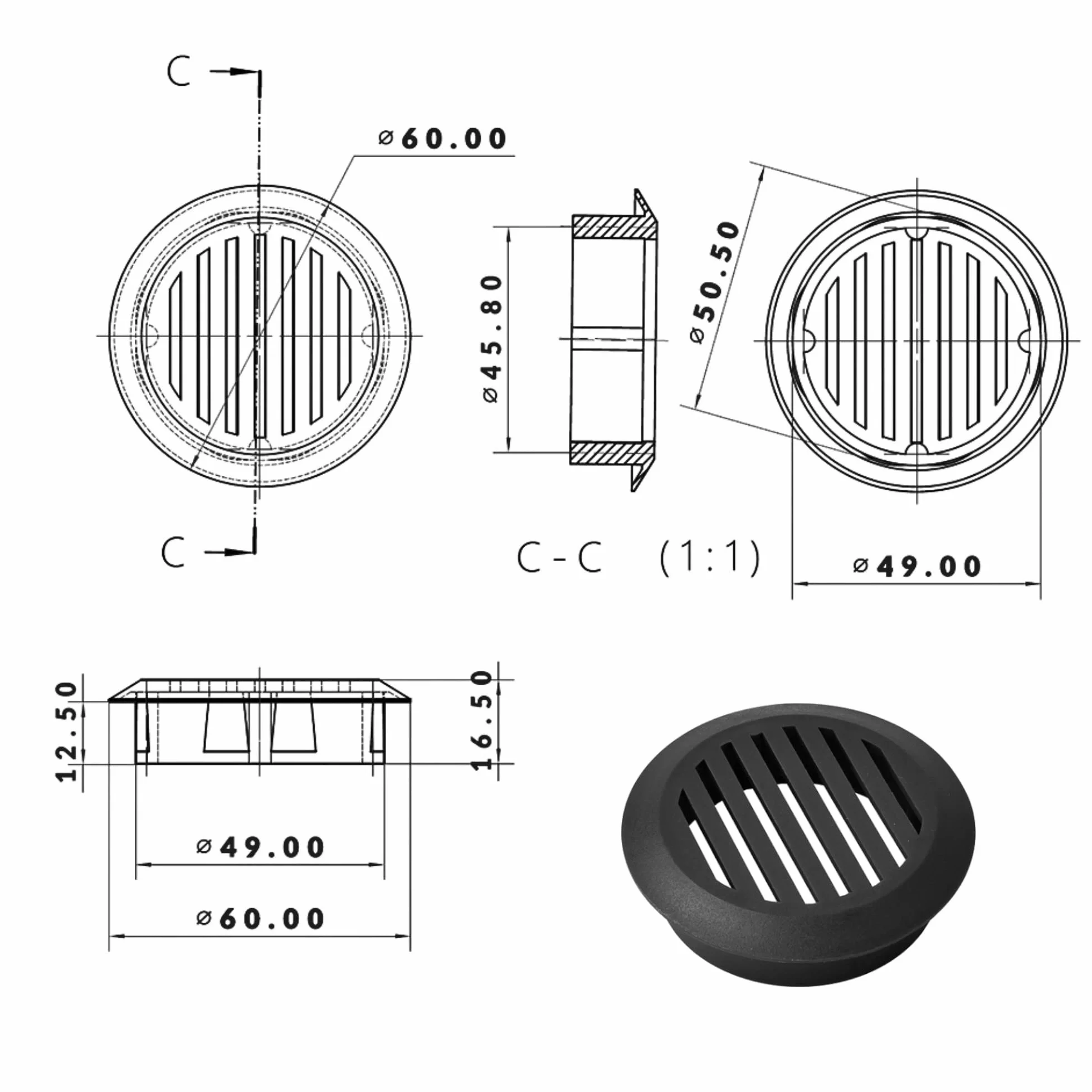 cyclingcolors 10 x okrągła kratka wentylacyjna z tworzywa sztucznego średnica wgłębienia 50 mm wysokość 12,5 mm osłona sufitu ściana stolarska, czarna