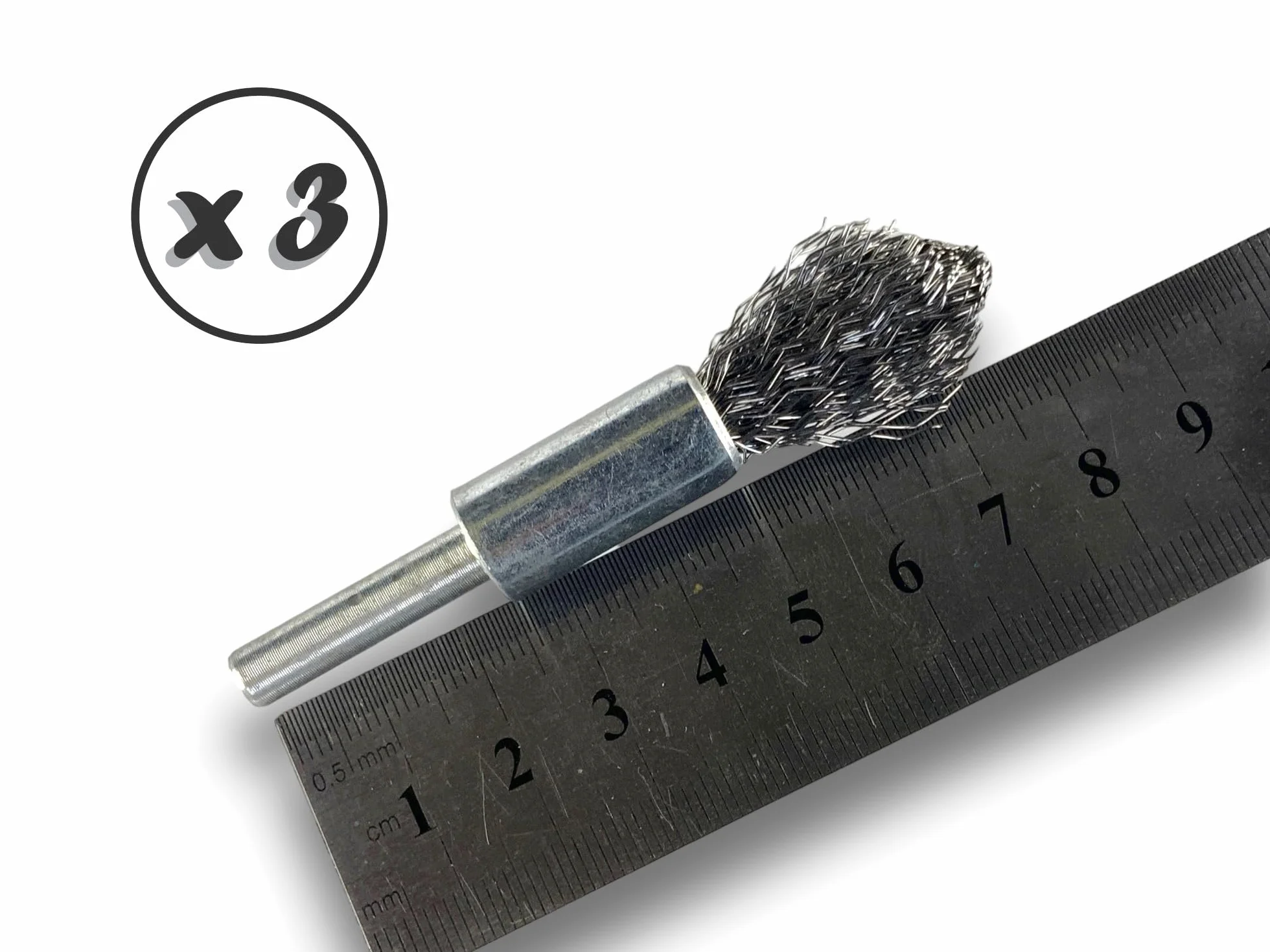 KIBROS 20TC12Px3 zestaw 3 szczotek drucianych ze spiczastym końcem na trzonku | Ø 12 mm | stal twarda 0,40 mm | kształt końcówki | do wiertarki lub wiertarko-wkrętarki | szczotkowanie i bejcowanie |
