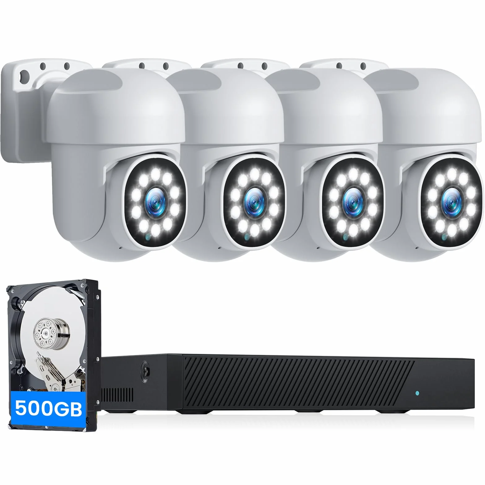 CAMCAMP 5 MP PoE kamera do monitoringu, zestaw zewnętrzny, 4 x kamera PoE IP i 500 GB HDD NVR do nagrywania 24/7 w pomieszczeniach, na zewnątrz, automatyczne śledzenie, 2-drożne audio, widoczność w