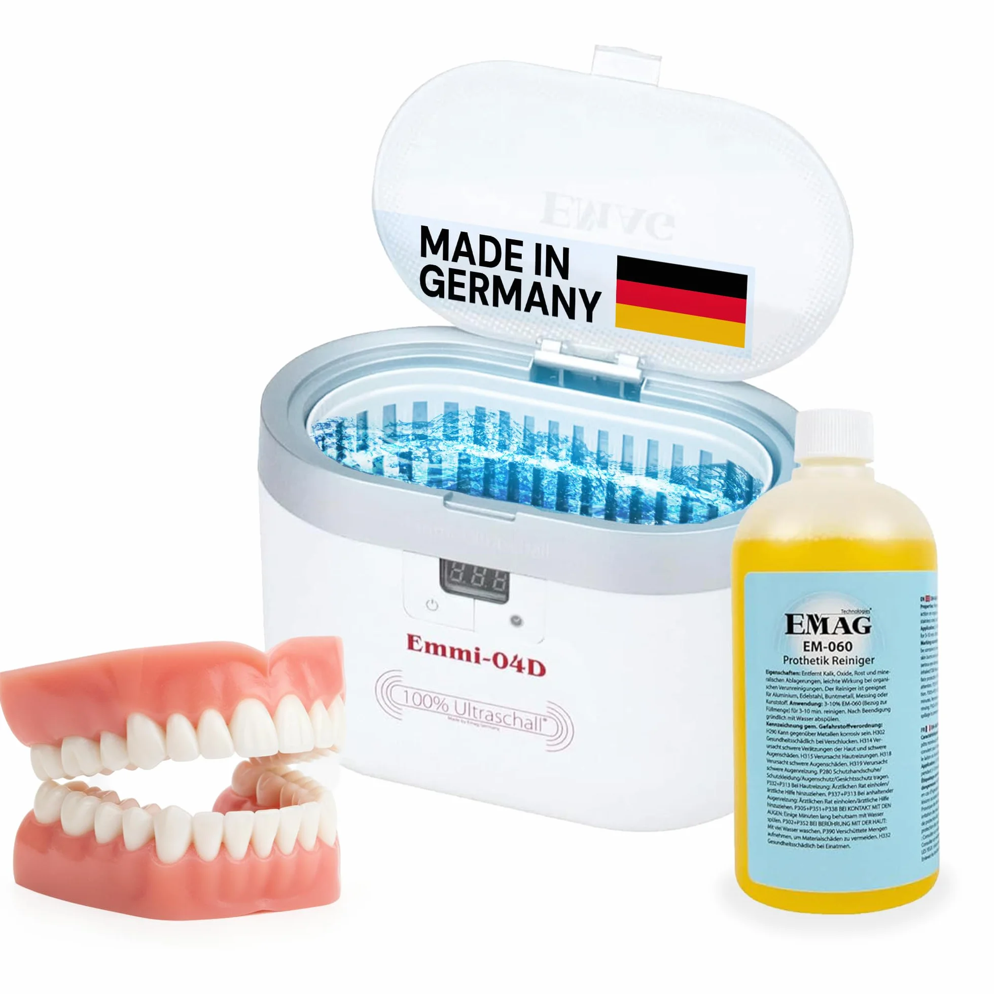 EMAG Myjka ultradźwiękowa Emmi 04D zestaw protetyki I do produktów dentystycznych, takich jak protezy, klamry i wiele innych. I ultradźwiękowe urządzenie czyszczące z Niemiec I 0,6 l