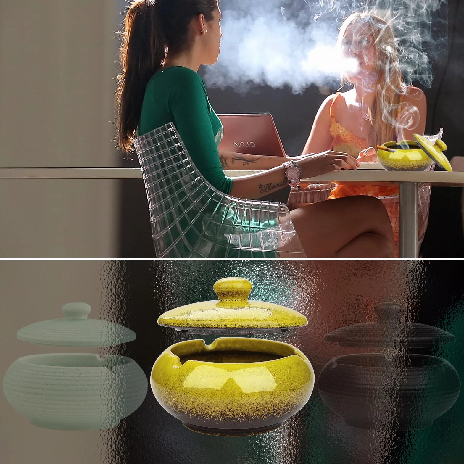 Ceramiczna popielniczka do papierosów, z pokrywką, retro, wiatroszczelna, bezzapachowa, na zewnątrz, dla domu, biura, sypialni, balkonu, stolik kawowy, żółta