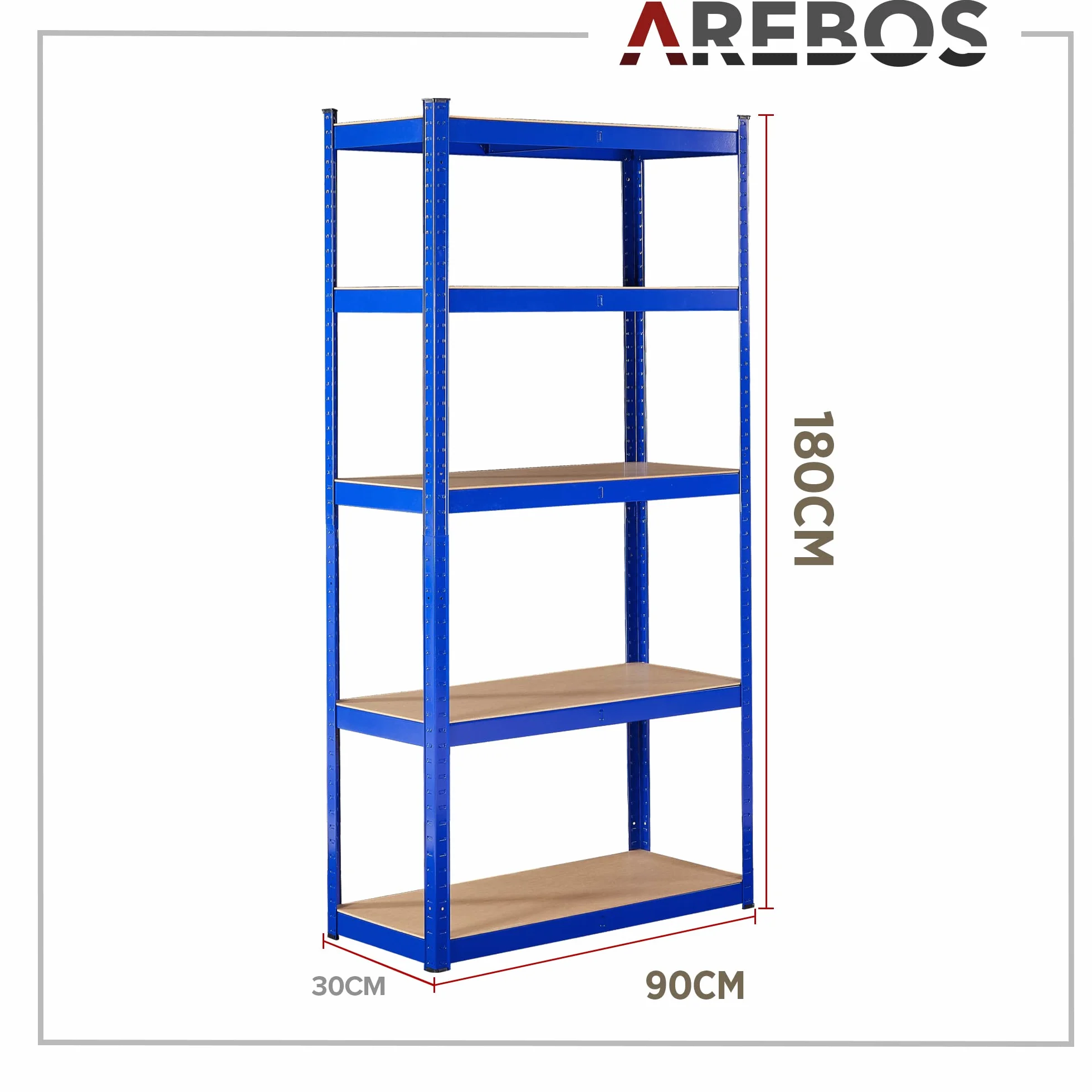 Arebos Regał do dużych obciążeń, zestaw 2 | 180x90x30cm | 0,63 mm | 5 półek | Regał warsztatowy Regał wtykowy Regał magazynowy Regał piwniczny | Niebieski