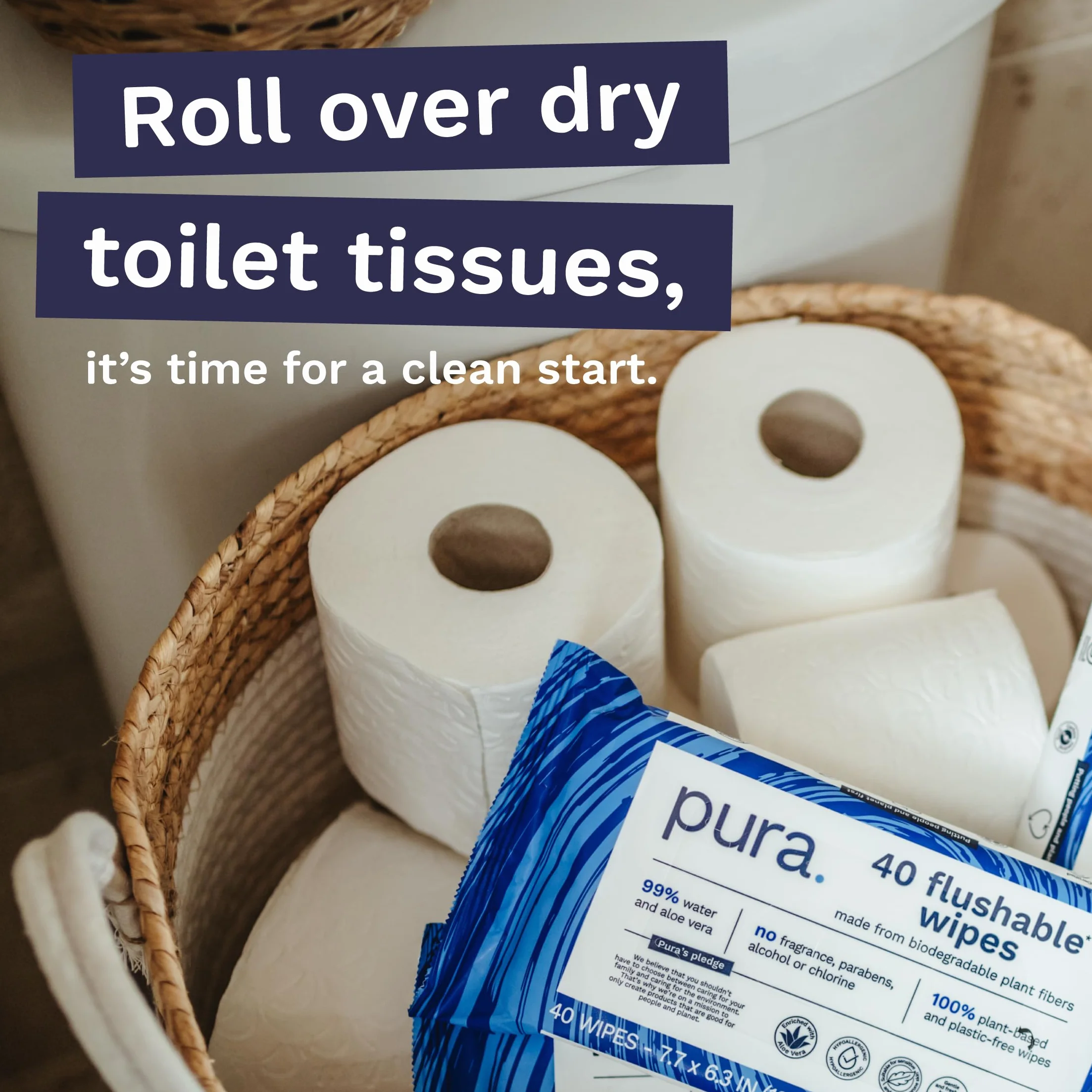Pura Wysokiej jakości wilgotne chusteczki toaletowe do spłukiwania, 40 sztuk, czyste myjki, certyfikat "Fine To Flush", w 100% bez plastiku, biodegradowalne, nadające się do kompostowania