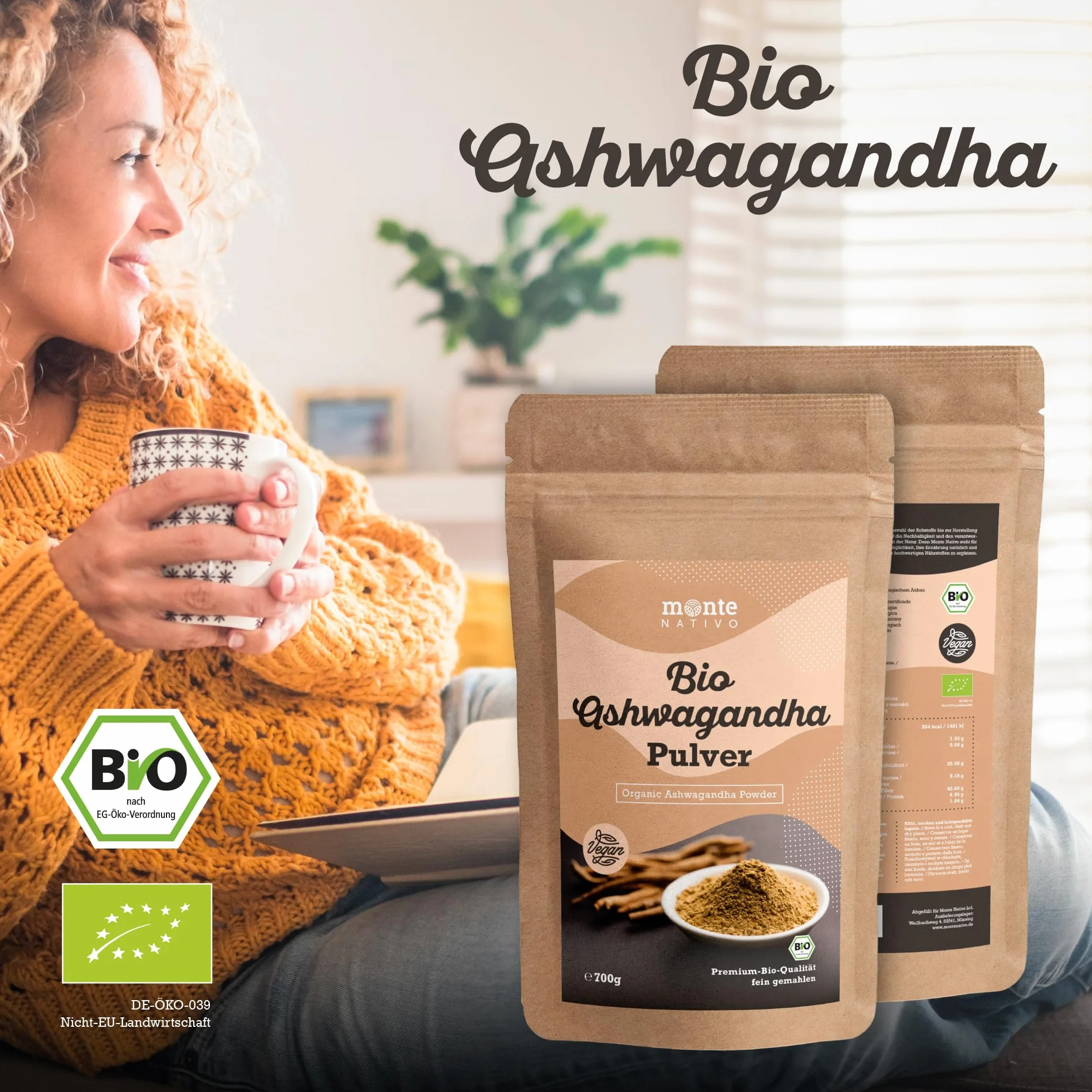 Organiczny Proszek z Witani Ospałej firmy Monte Nativo - 700g Najwyższa jakość - Proszek ze zmielonego korzenia - Żeń-szeń indyjski - Zimowa wiśnia - Withania Somnifera - Certyfikat Ekologiczny - z Indii - Testowany Laboratoryjnie