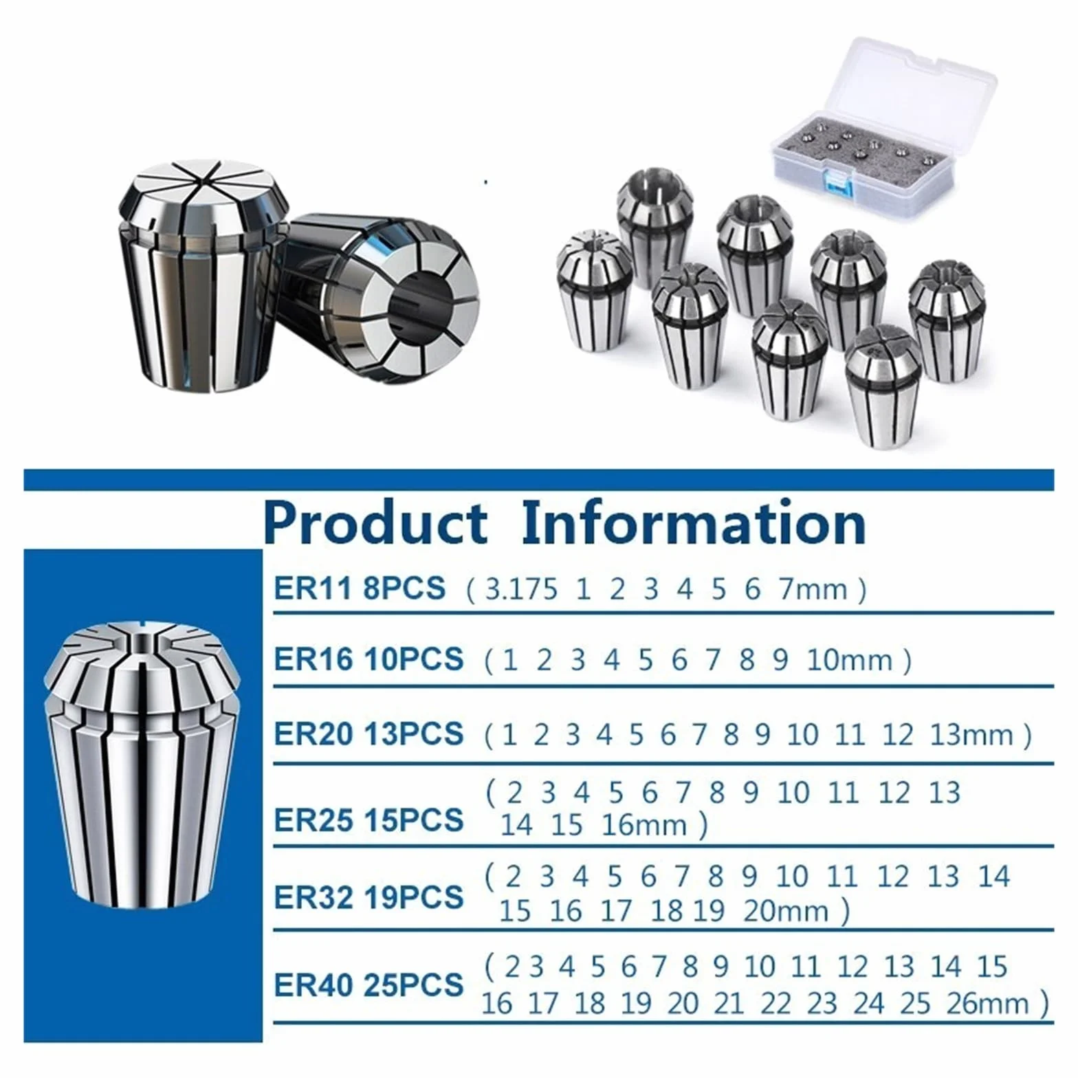Zestaw zacisków sprężynowych poziomu AA ER11 ER16 ER20 ER25 ER32 ER40 Uchwyt sprężynowy do frezarki CNC Uchwyt narzędziowy tokarki(19PCS ER32)