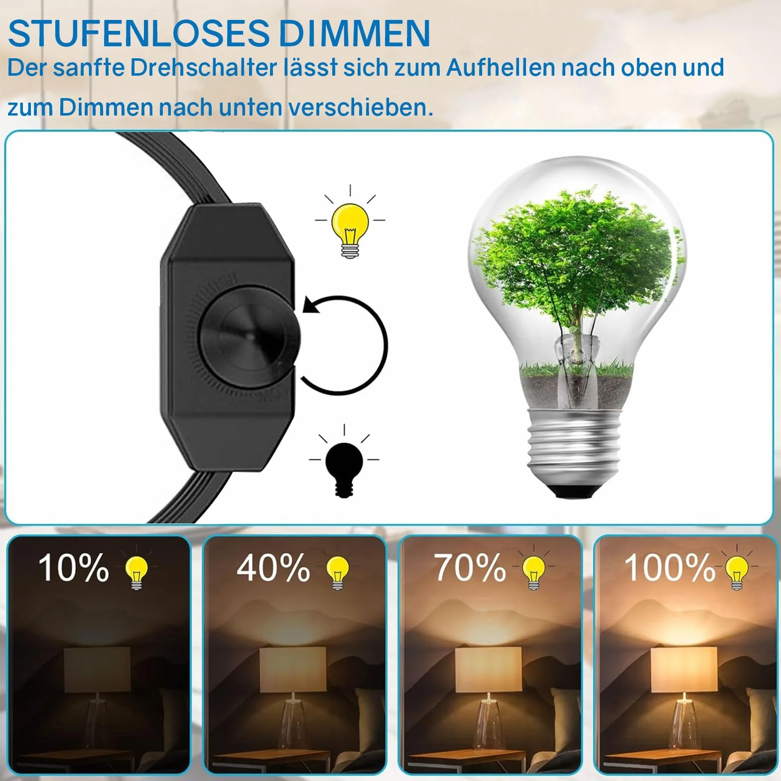 Powice Ściemniacz LED z przełącznikiem, ściemniacz do lamp LED, długi, 50 cm, wtyczka płaska, przełącznik ze ściemniaczem, przełącznik do lamp LED 220-250 V/100 W, maks