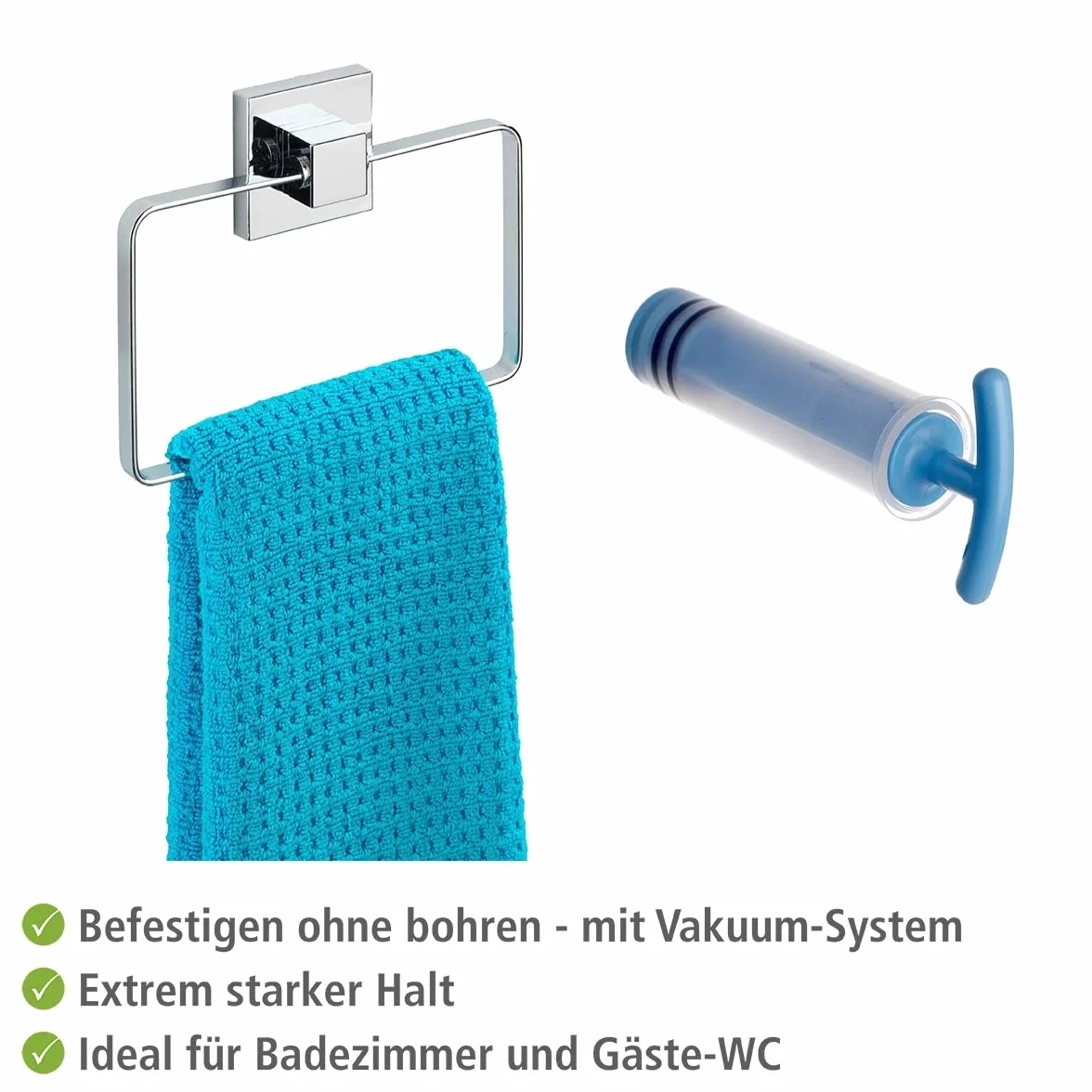 WENKO Vacuum-Loc® Pierścień na ręczniki ścienne, Quadro, wieszak na ręczniki do łazienki i kuchni, mocowanie próżniowe, bez wiercenia, z nierdzewnej, błyszczącej stali nierdzewnej, 18,5 x 14 x 3,5 cm