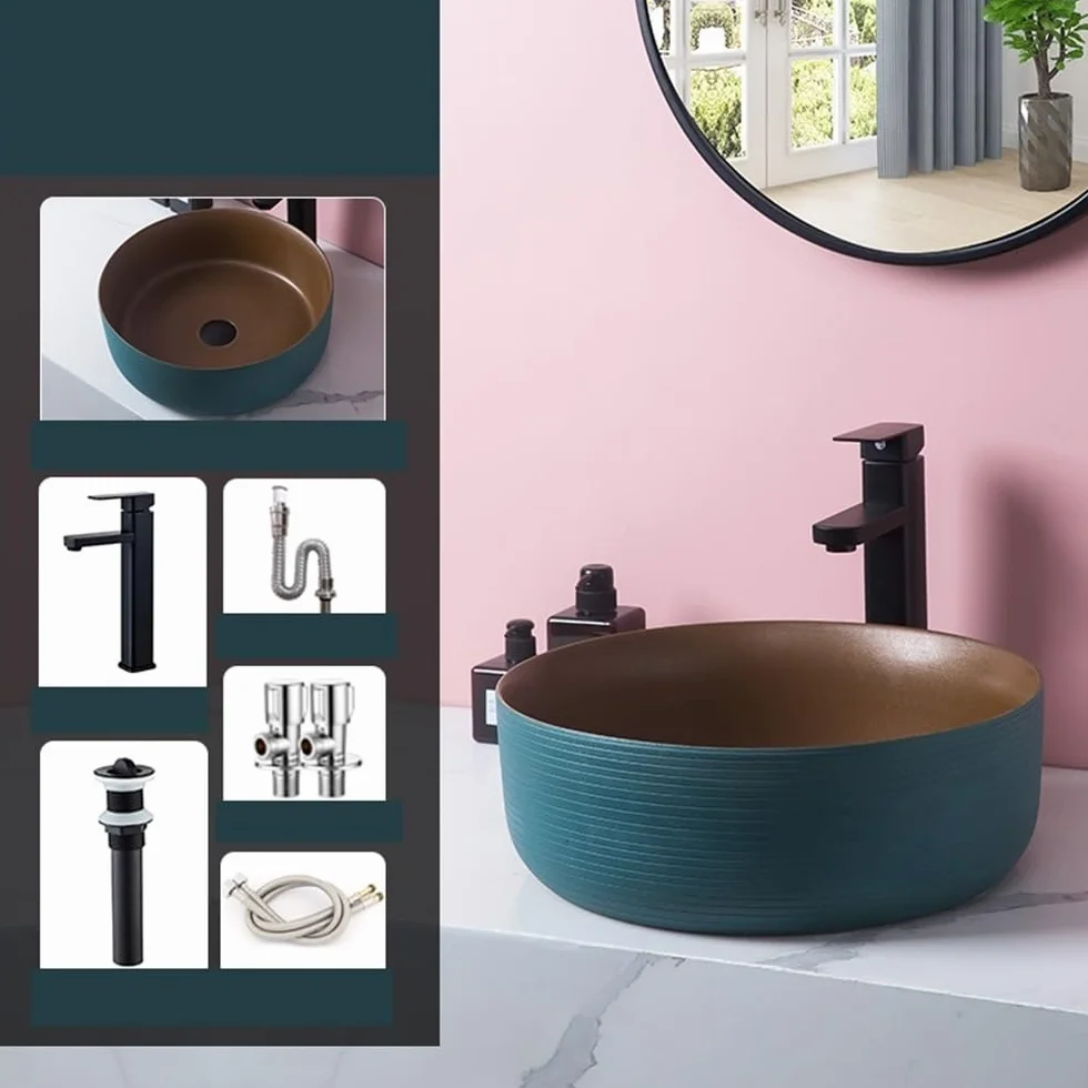 Umywalka łazienkowa Okrągła ceramiczna umywalka zielona Home Light Luxury Bathroom Nad blatem Nowoczesny blat