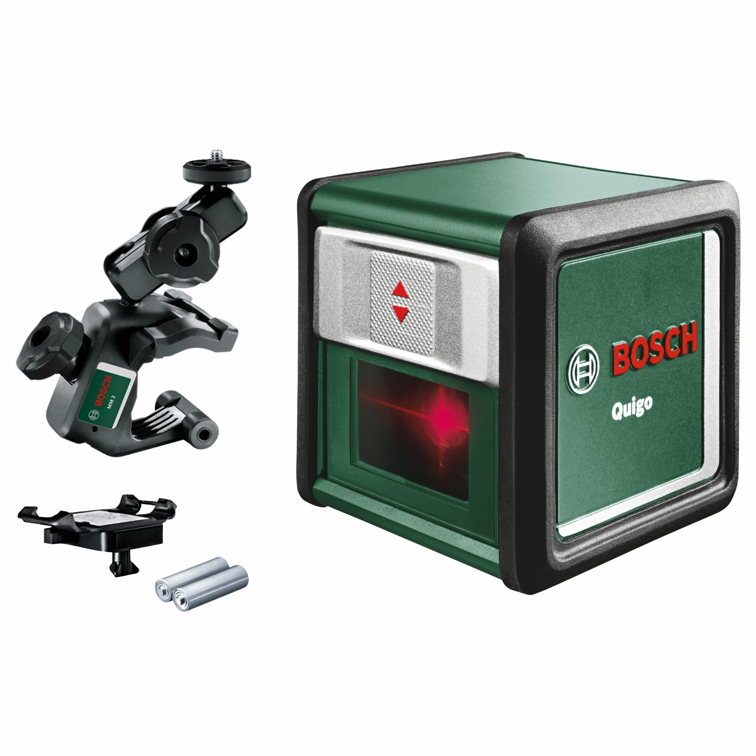 Bosch Laser krzyżowy Quigo z uniwersalnym uchwytem MM 2 (łatwe i precyzyjne wyrównywanie elementów przy elastycznym pozycjonowaniu narzędzia, opakowanie kartonowe E-Commerce)
