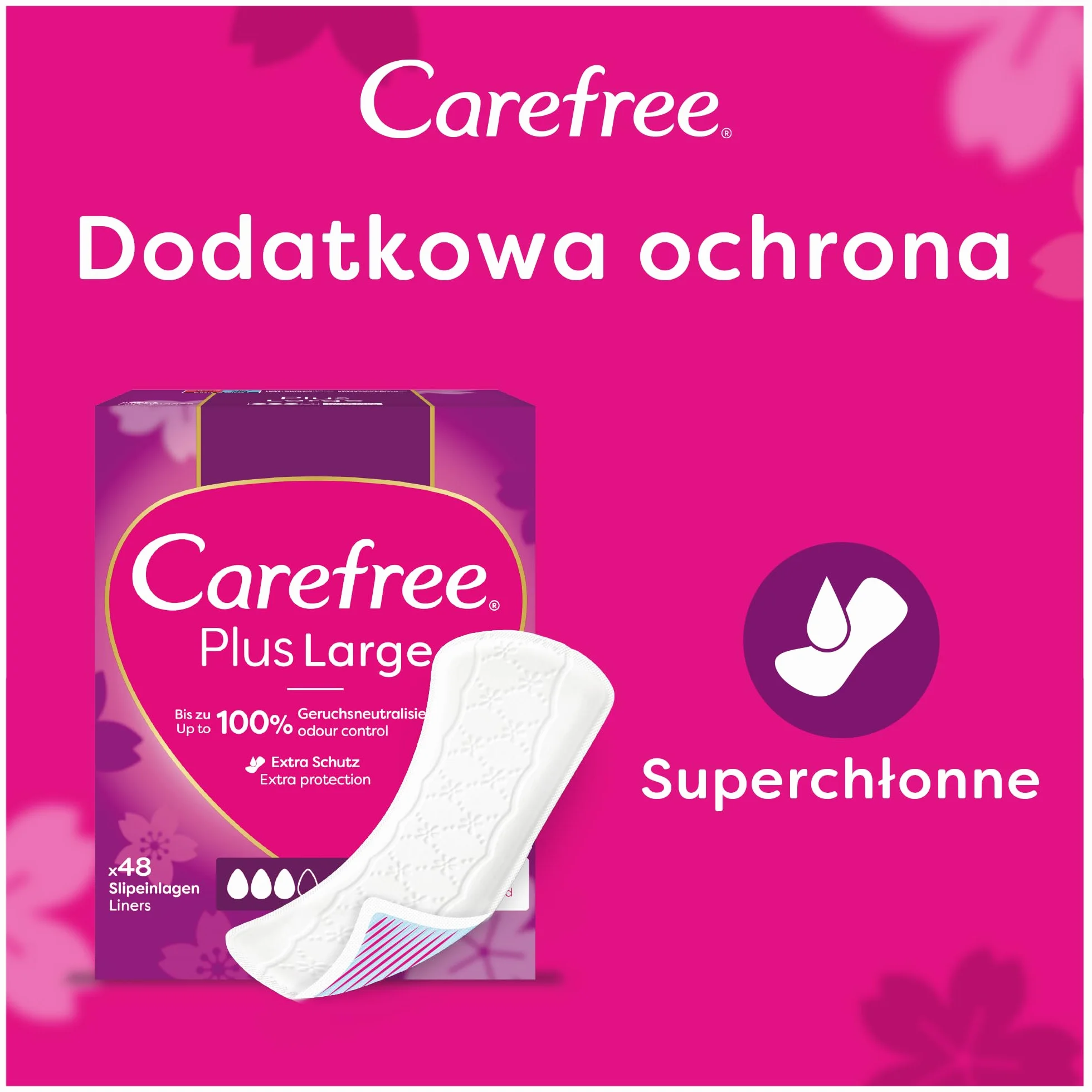 Carefree Plus Large 64 szt. szt. Wkładki higieniczne z wyjątkowo chłonnym wkładem. Zapewniają długotrwałą ochronę przed wilgocią i nieprzyjemnym zapachem.