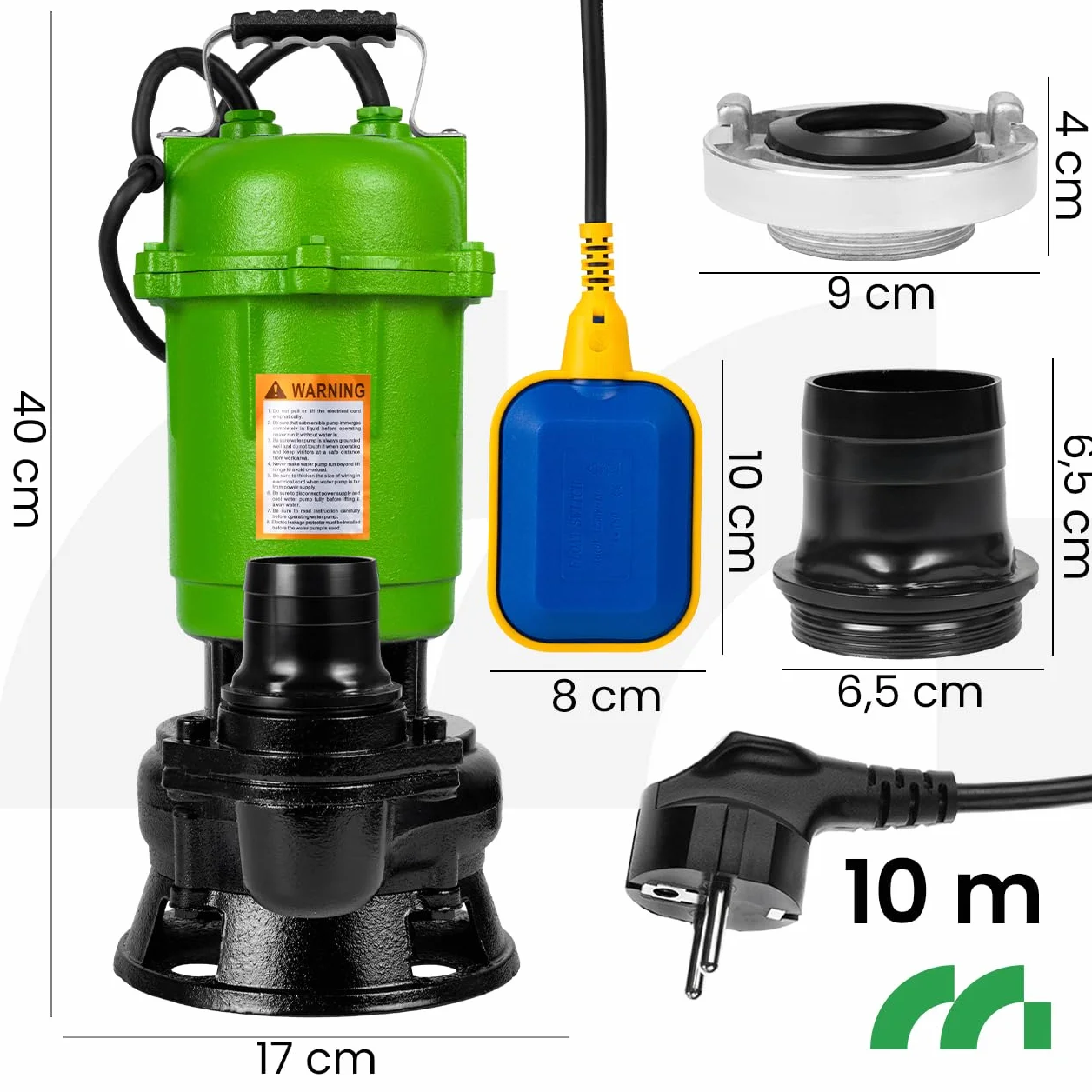 MalTec Pompa głębinowa do czyszczenia brudnej wody z rozdrabniaczem, 12000 l/h, głębokość 8 m, z metalu, przełącznik pływakowy, pompa