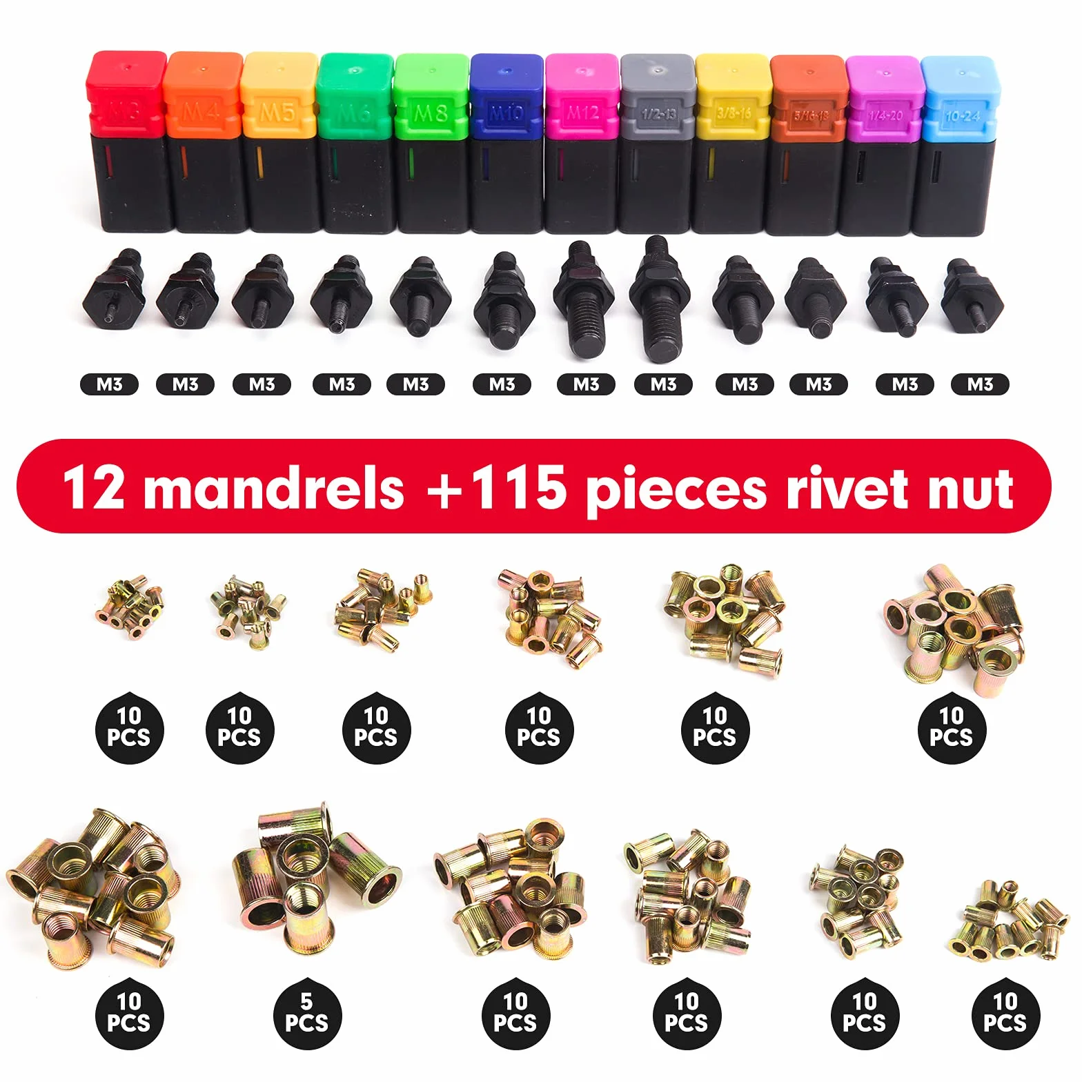 Nitownica Nakrętka Ręczna 40,6 cm Zestaw 12 Trzpieni M3 M4 M5 M6 M8 M10 M12 10-24 1/4-20